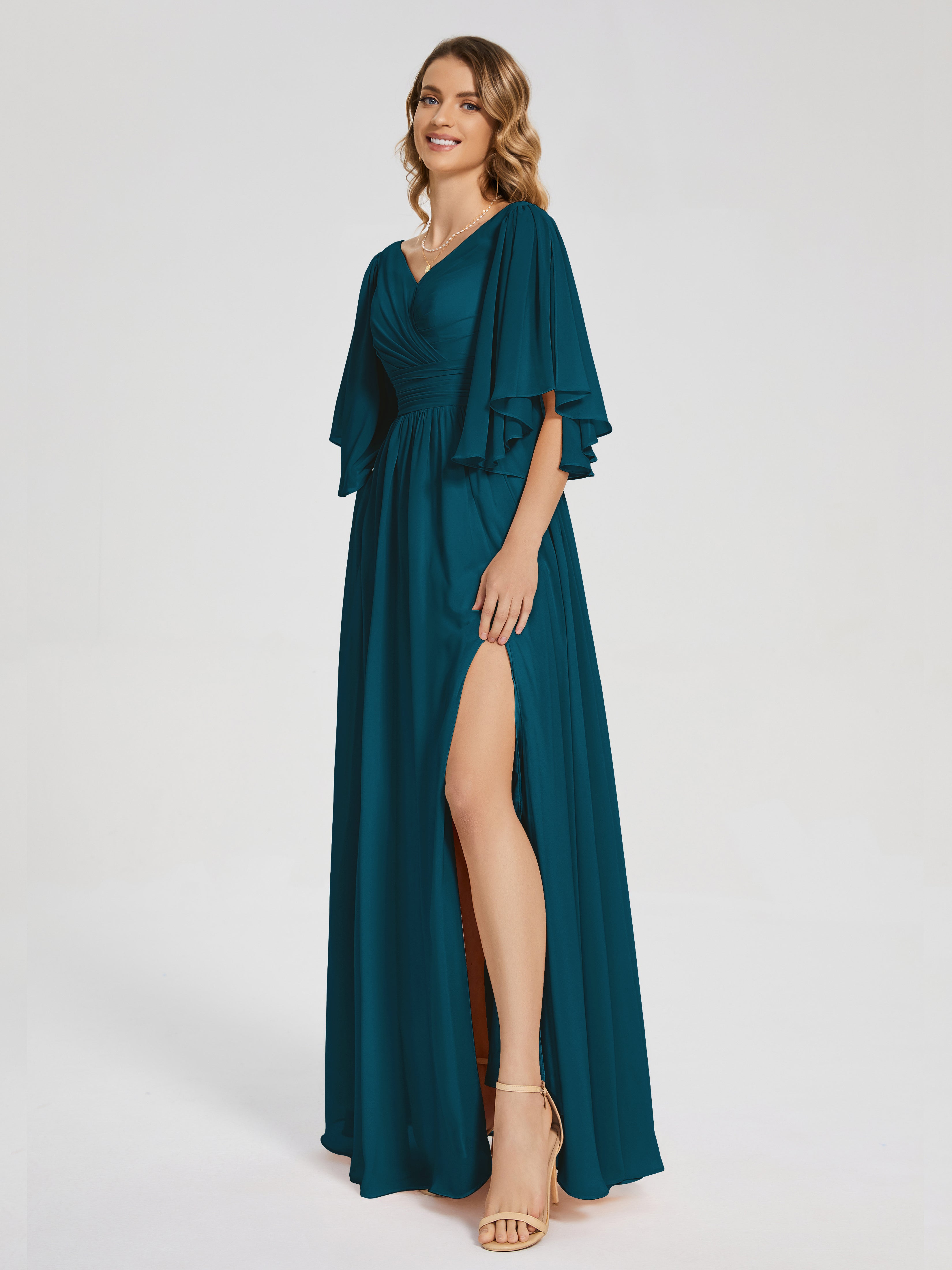 Robe De Demoiselle D'Honneur Bleu Encre Demi Manches Mousseline Robes Demoiselle D'Honneur À Lacet