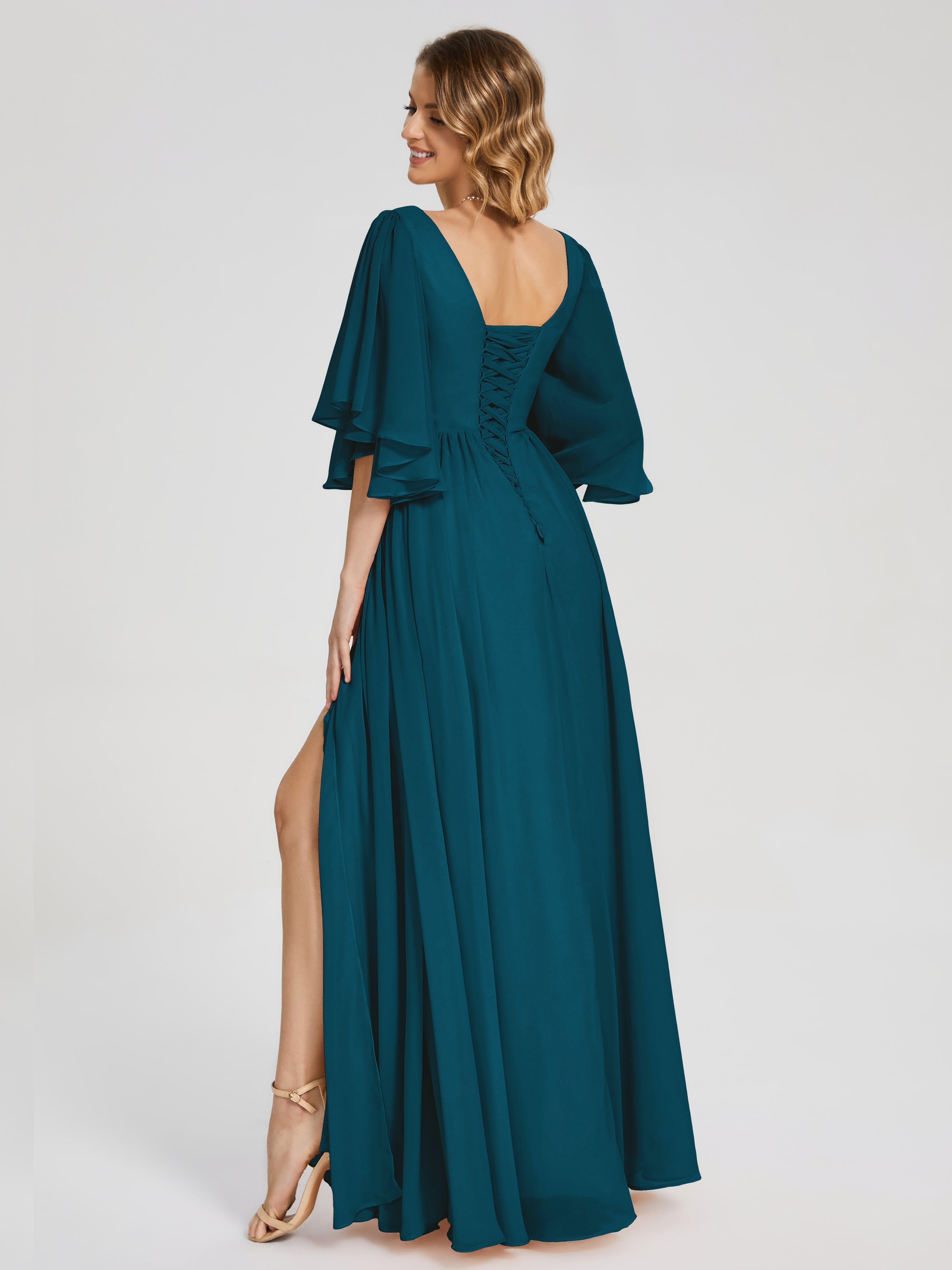 Robe De Demoiselle D'Honneur Bleu Encre Demi Manches Mousseline Robes Demoiselle D'Honneur À Lacet