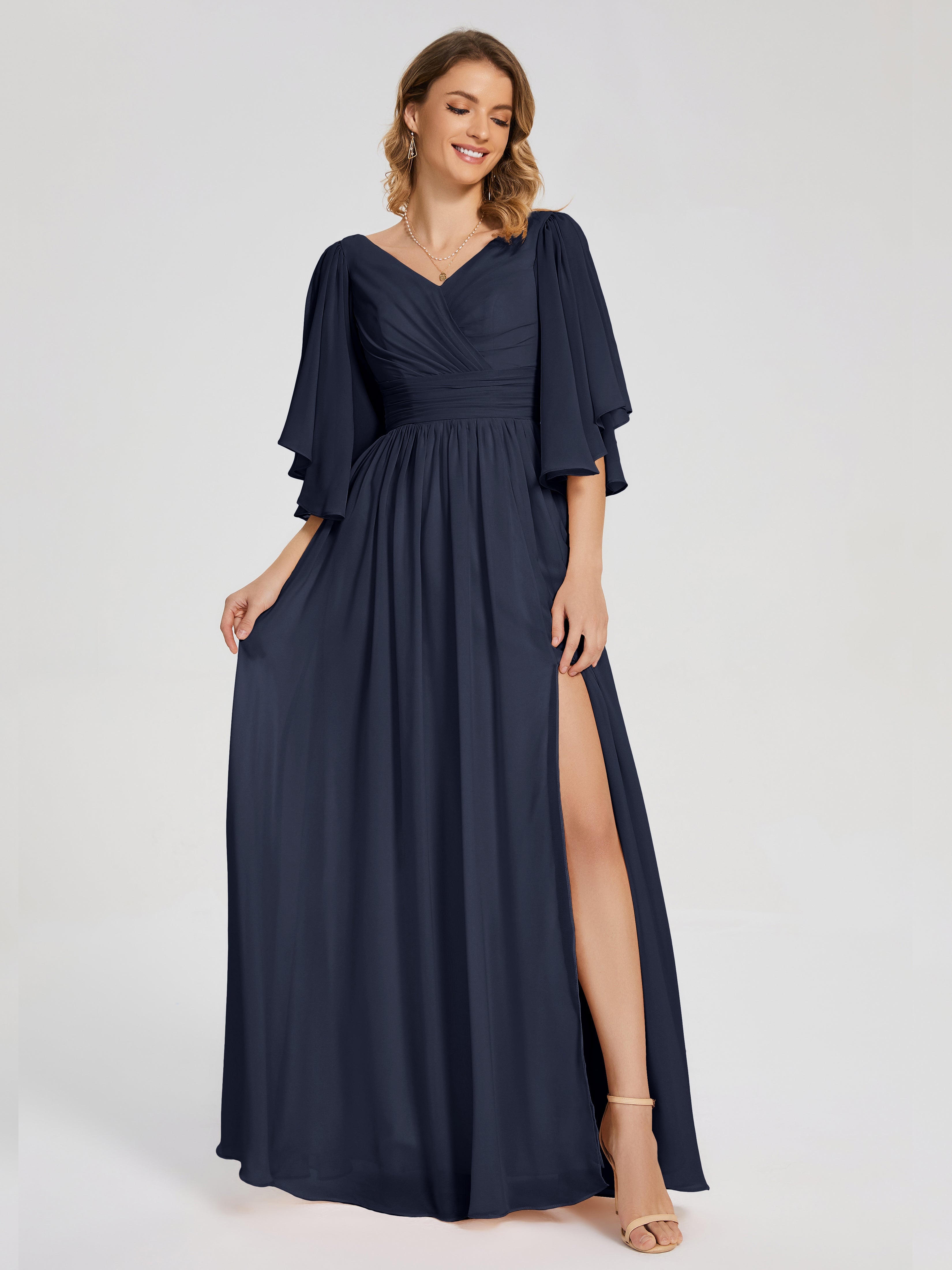 Robe Bleu Marine Demoiselle D Honneur Demi Manches Mousseline Robes Demoiselle D'Honneur À Lacet