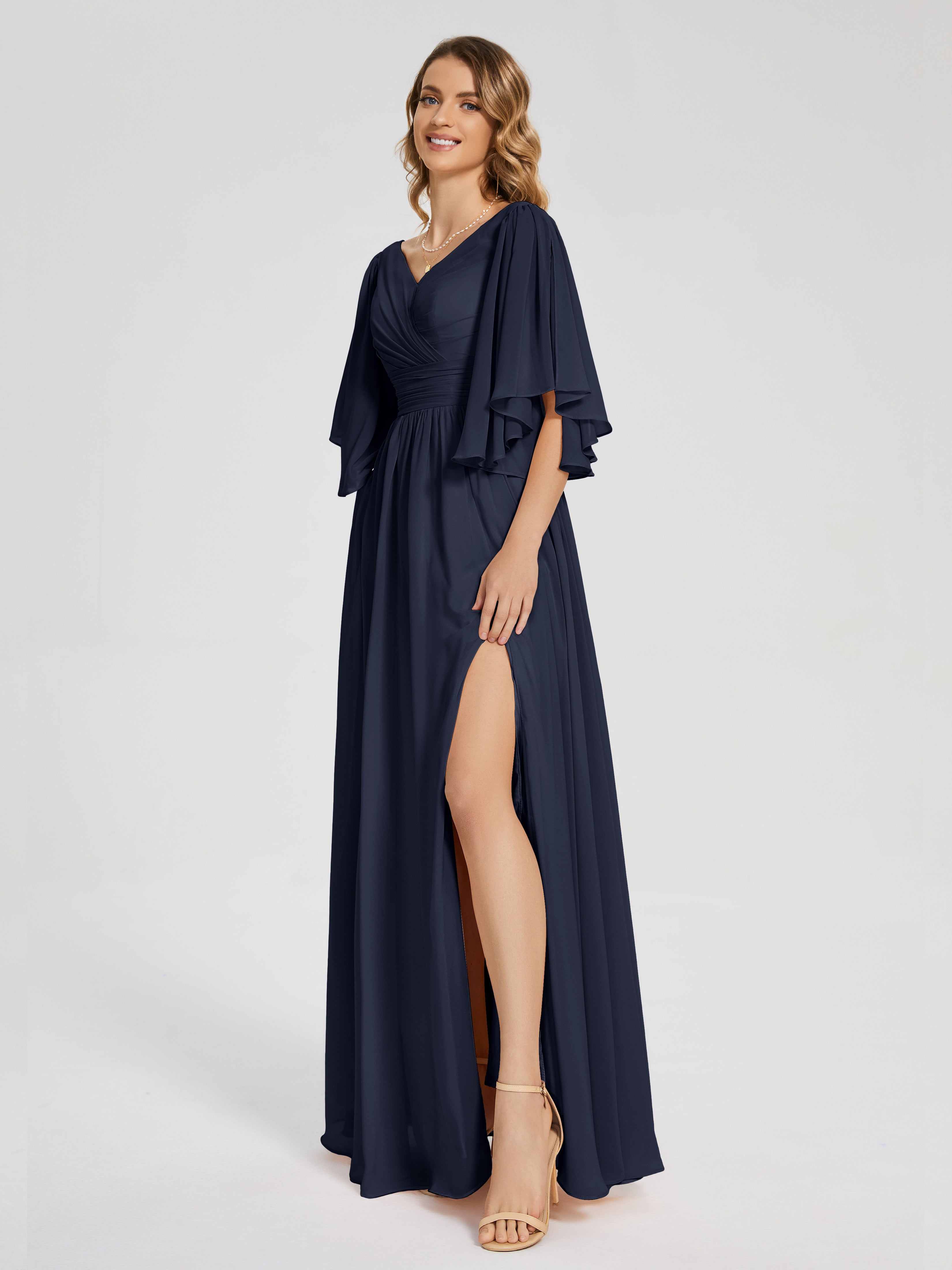 Robe Bleu Marine Demoiselle D Honneur Demi Manches Mousseline Robes Demoiselle D'Honneur À Lacet