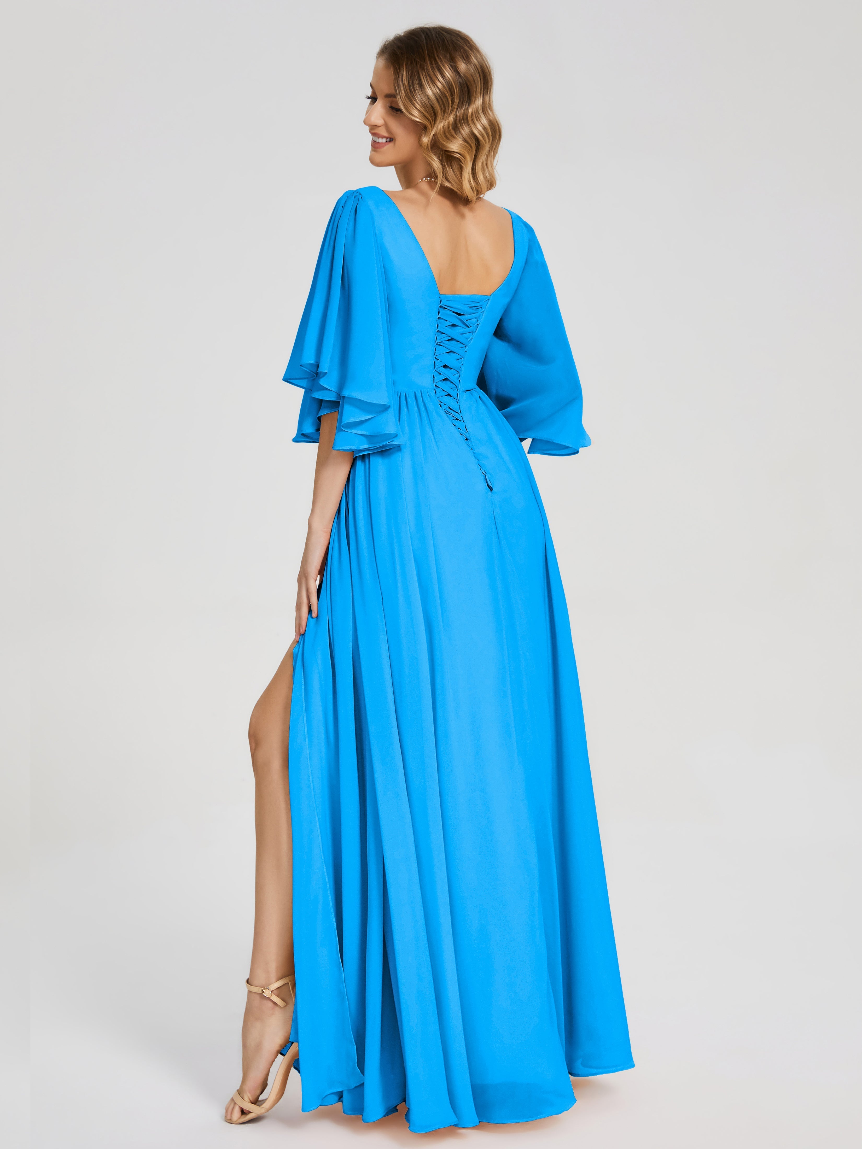 Robes De Demoiselle D'Honneur Bleu Océan Demi Manches Mousseline Robes Demoiselle D'Honneur À Lacet
