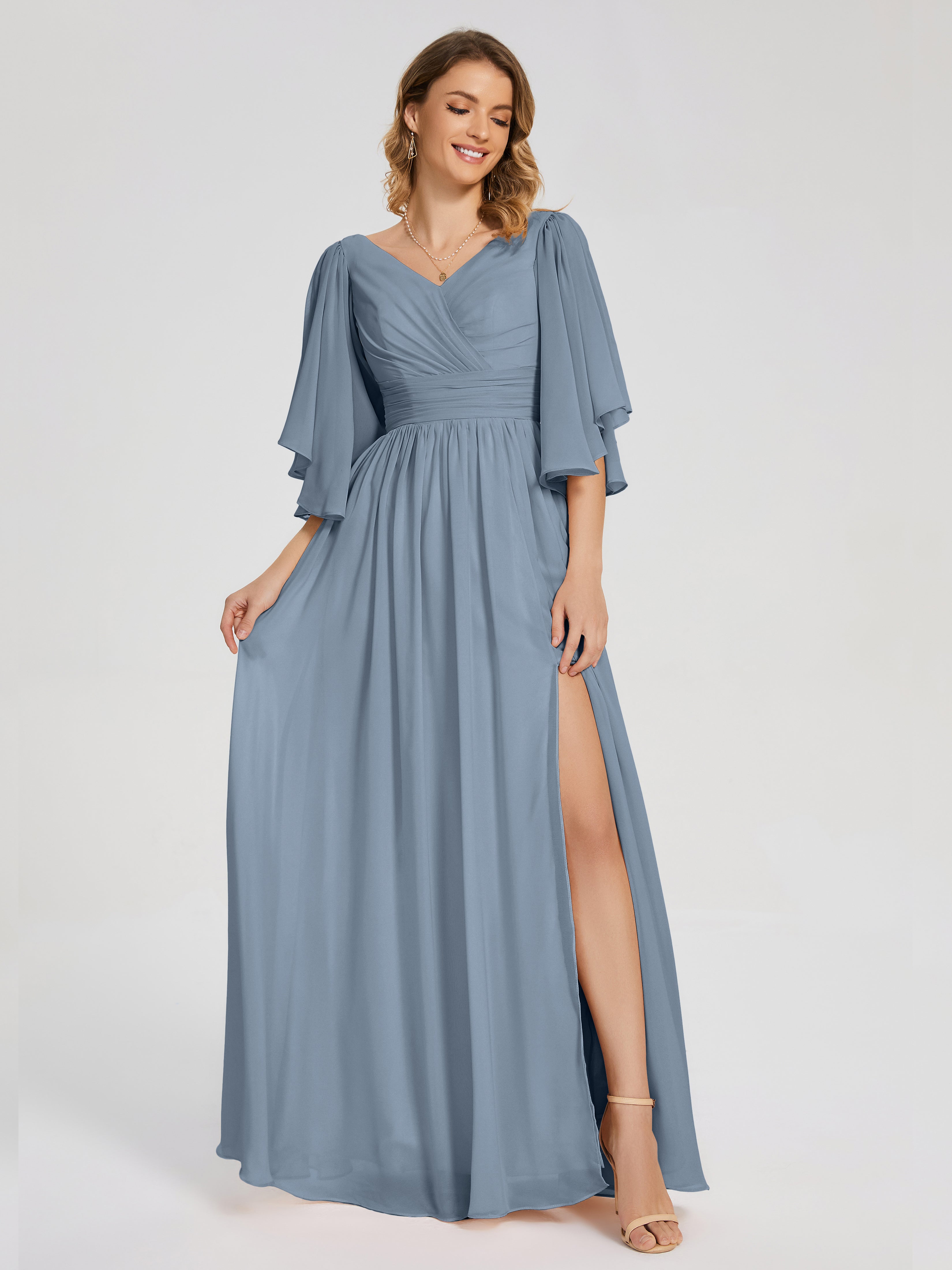 Robes De Demoiselle D'Honneur Bleu Poussiéreux Demi Manches Mousseline Robes Demoiselle D'Honneur À Lacet