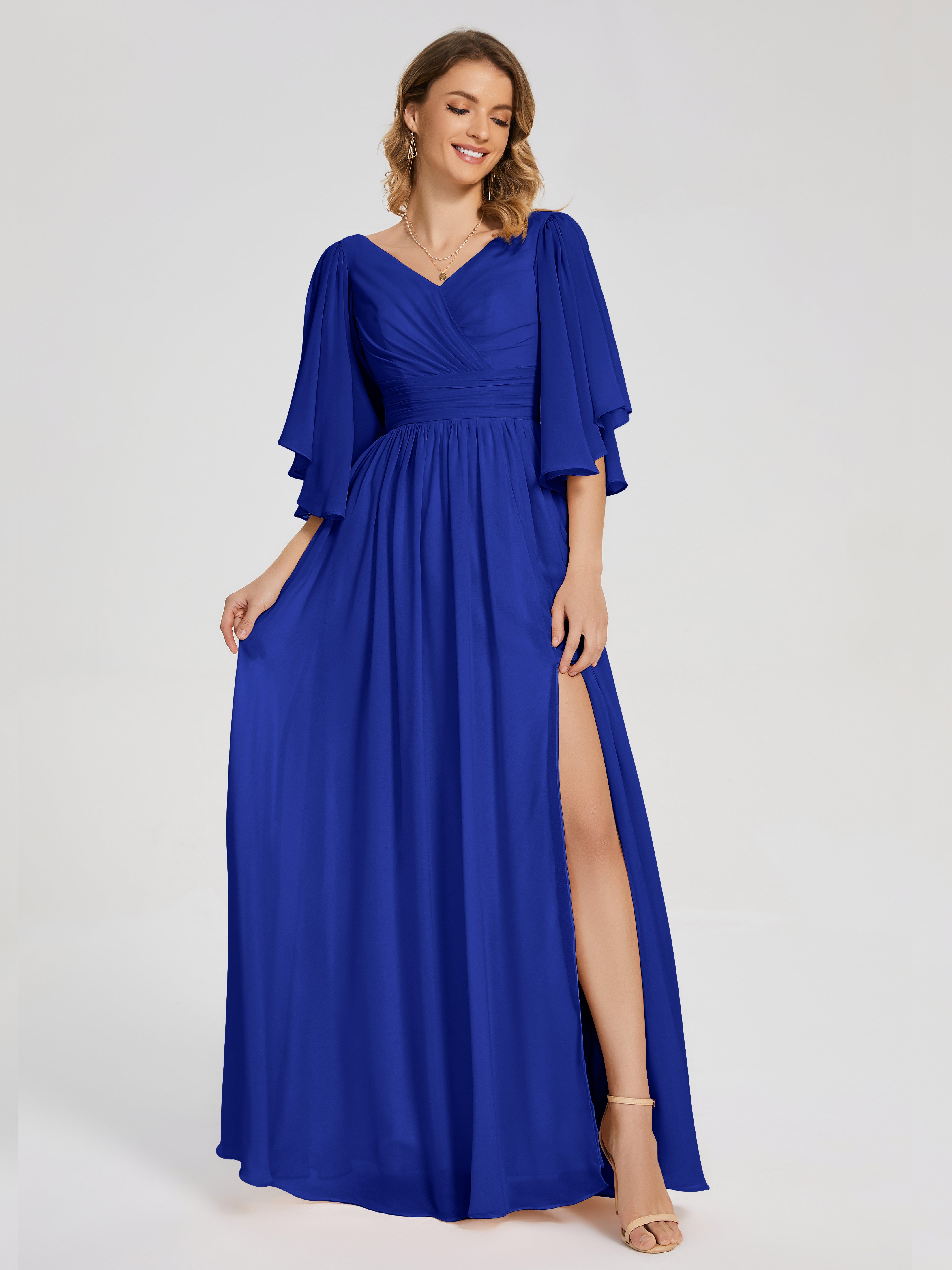 Demoiselle Dhonneur Robe Longue Bleu Roi Demi Manches Mousseline Robes Demoiselle D'Honneur À Lacet