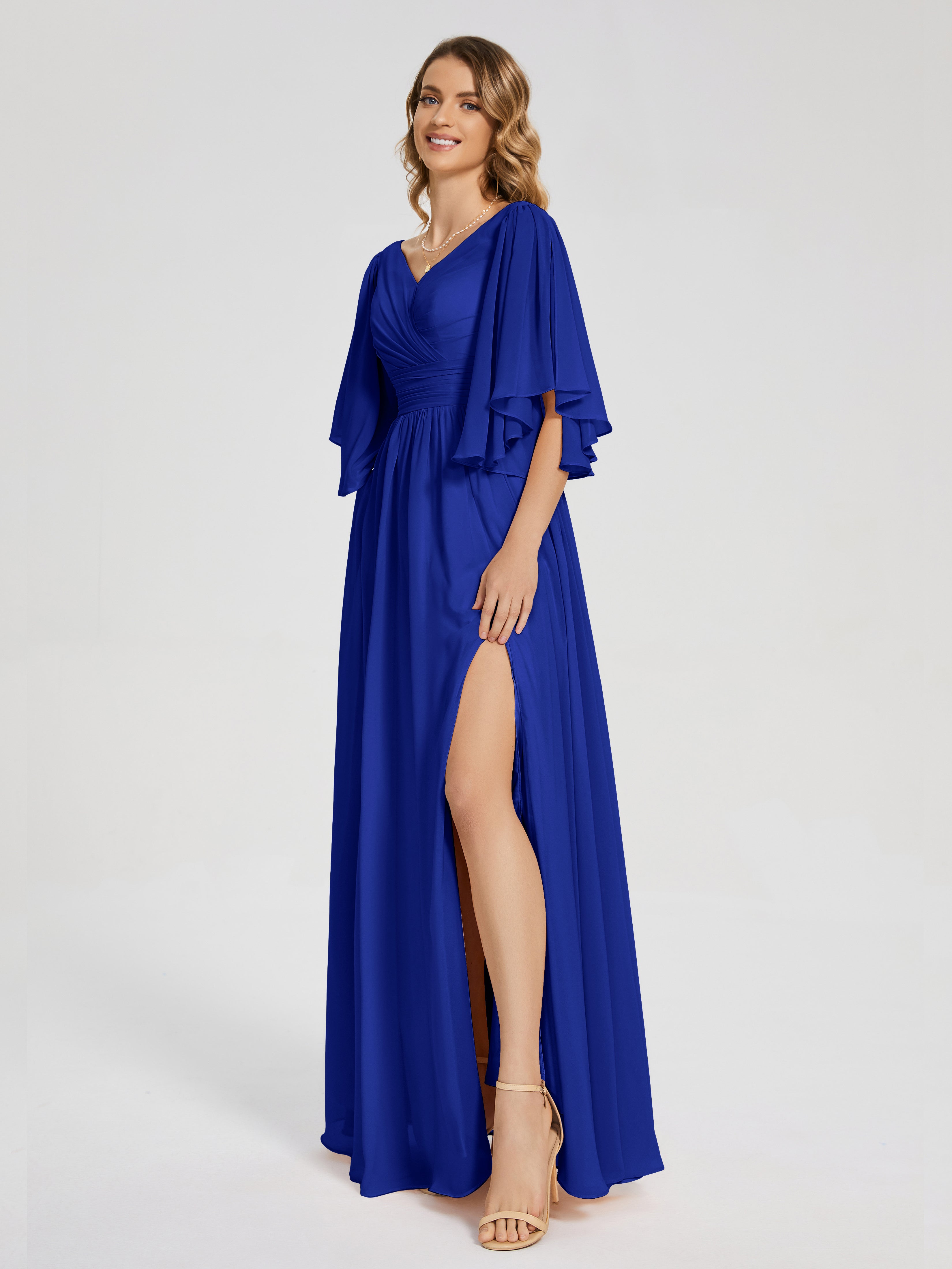 Demoiselle Dhonneur Robe Longue Bleu Roi Demi Manches Mousseline Robes Demoiselle D'Honneur À Lacet