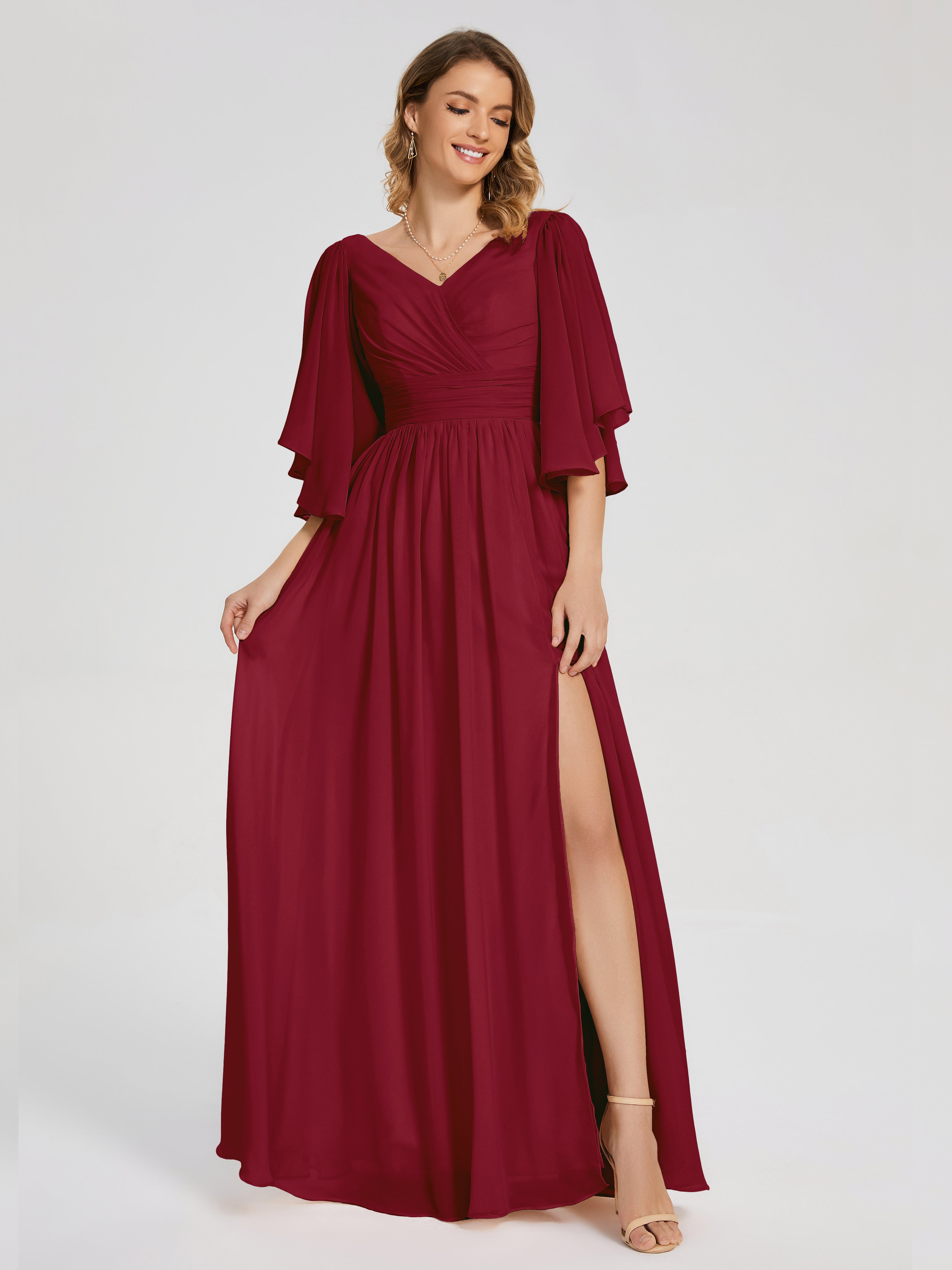 Robe Longue Bordeaux Demoiselle D Honneur Demi Manches Mousseline Robes Demoiselle D'Honneur À Lacet