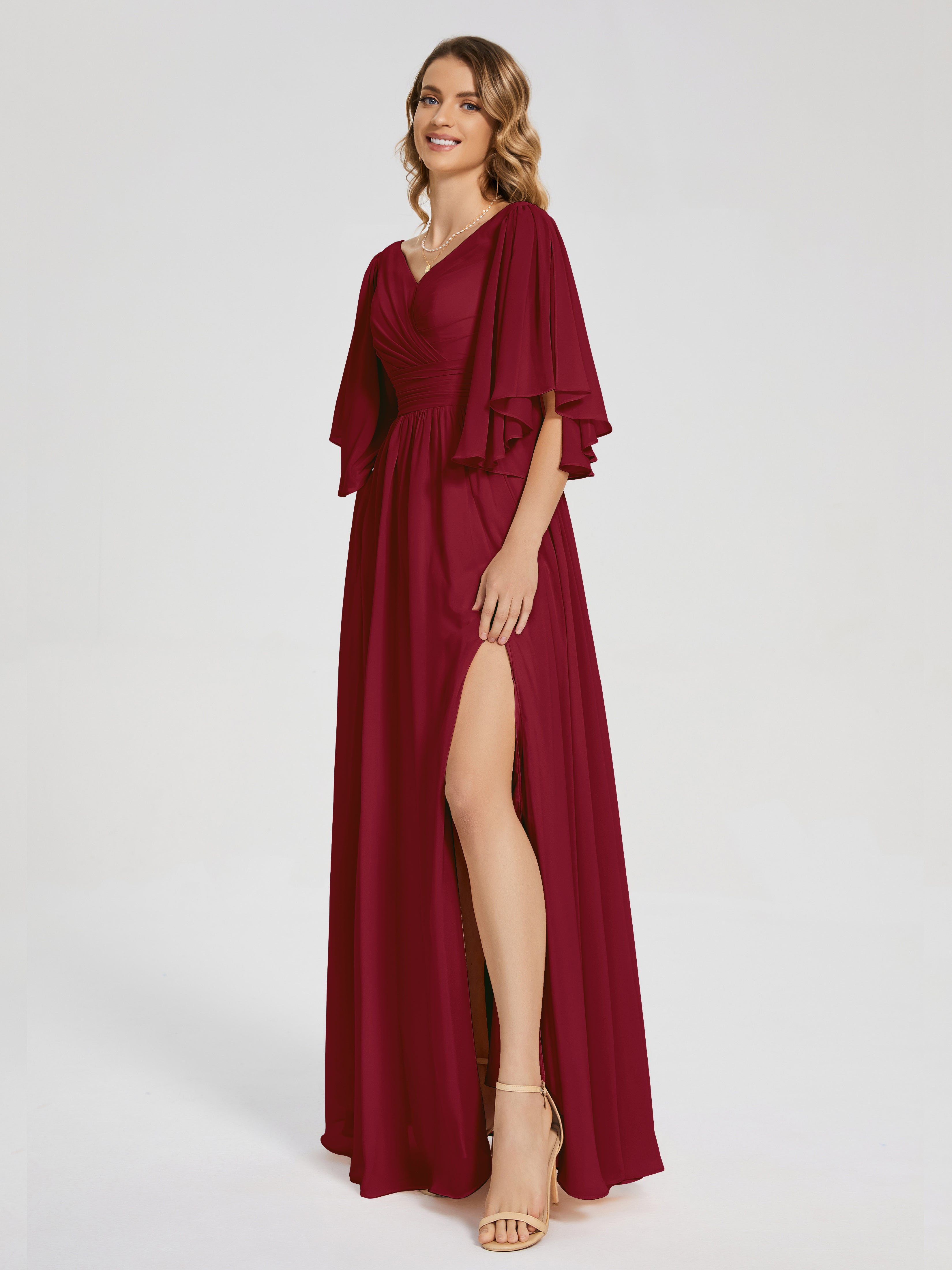 Robe Longue Bordeaux Demoiselle D Honneur Demi Manches Mousseline Robes Demoiselle D'Honneur À Lacet
