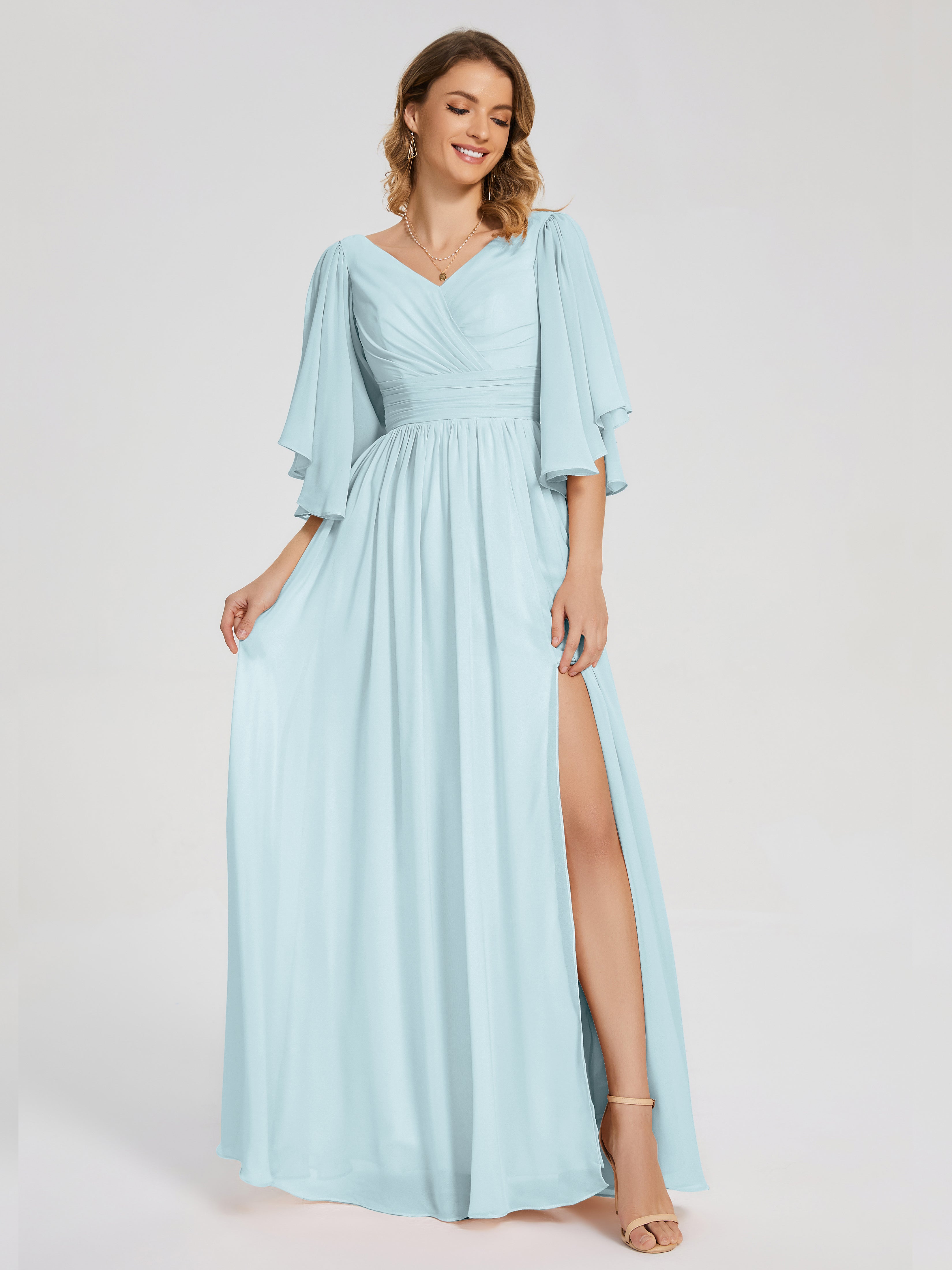Robe De Demoiselle D'Honneur Brume Demi Manches Mousseline Robes Demoiselle D'Honneur À Lacet