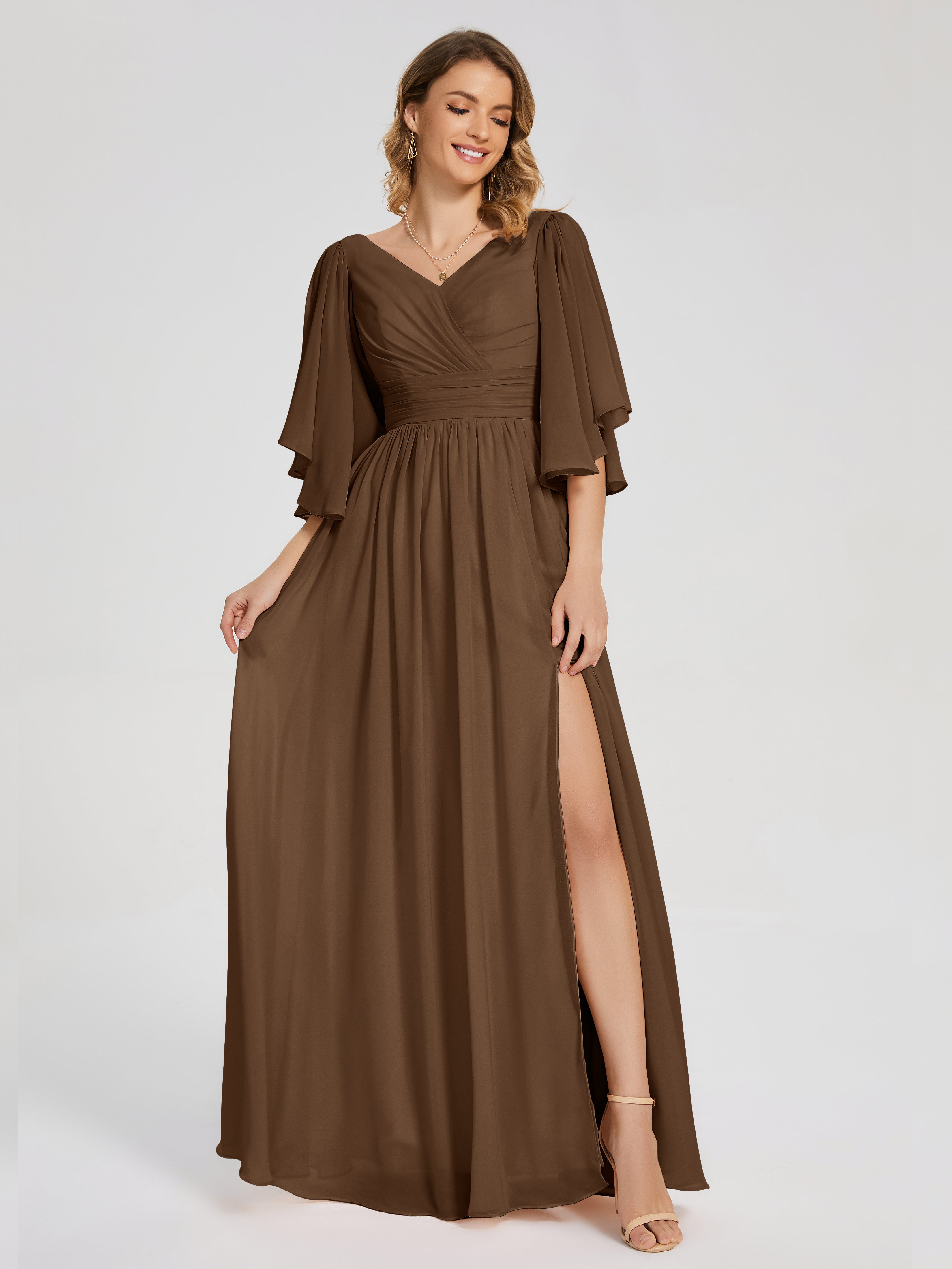 Robes De Demoiselle D'Honneur Brun Demi Manches Mousseline Robes Demoiselle D'Honneur À Lacet