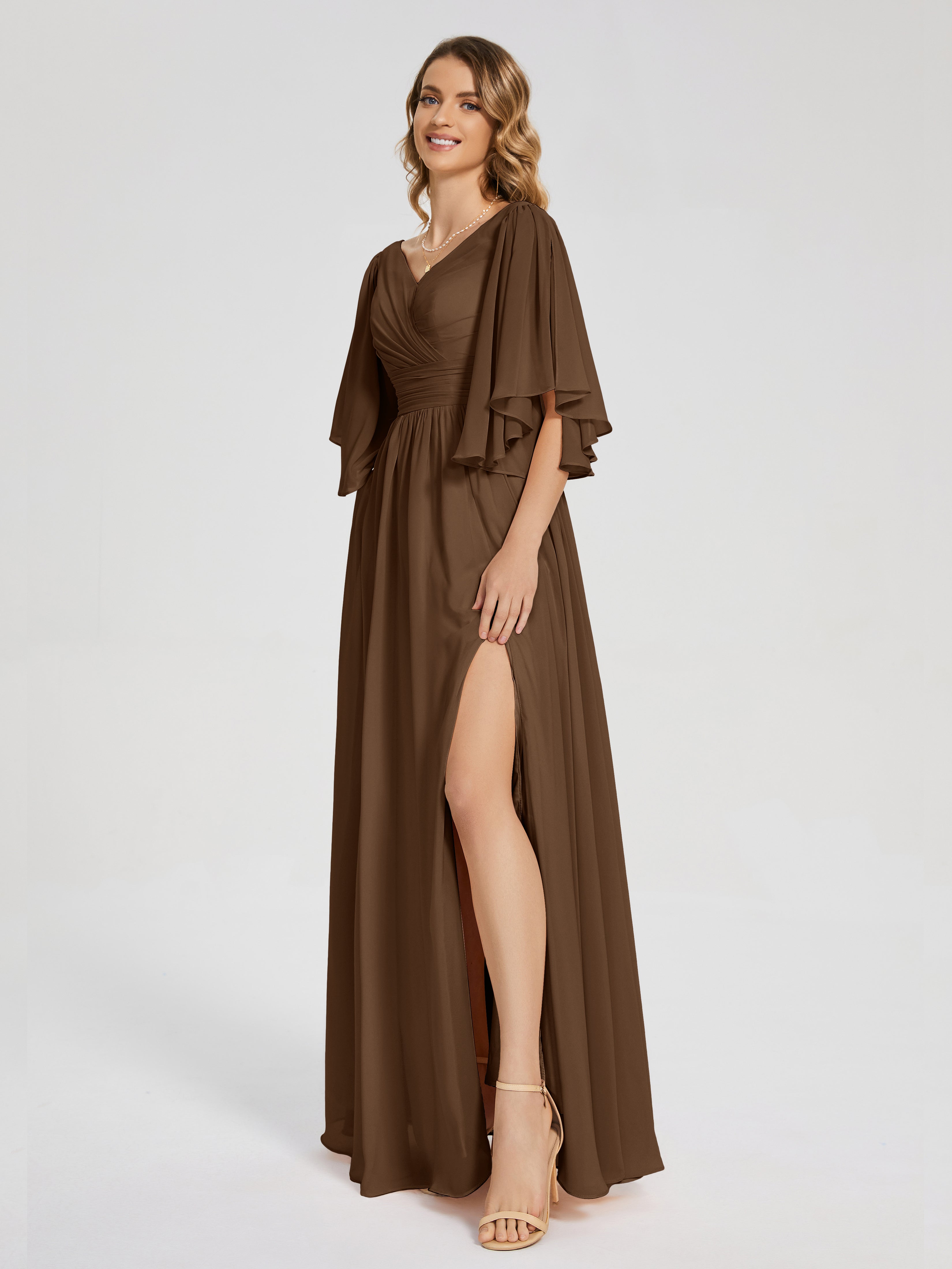 Robes De Demoiselle D'Honneur Brun Demi Manches Mousseline Robes Demoiselle D'Honneur À Lacet