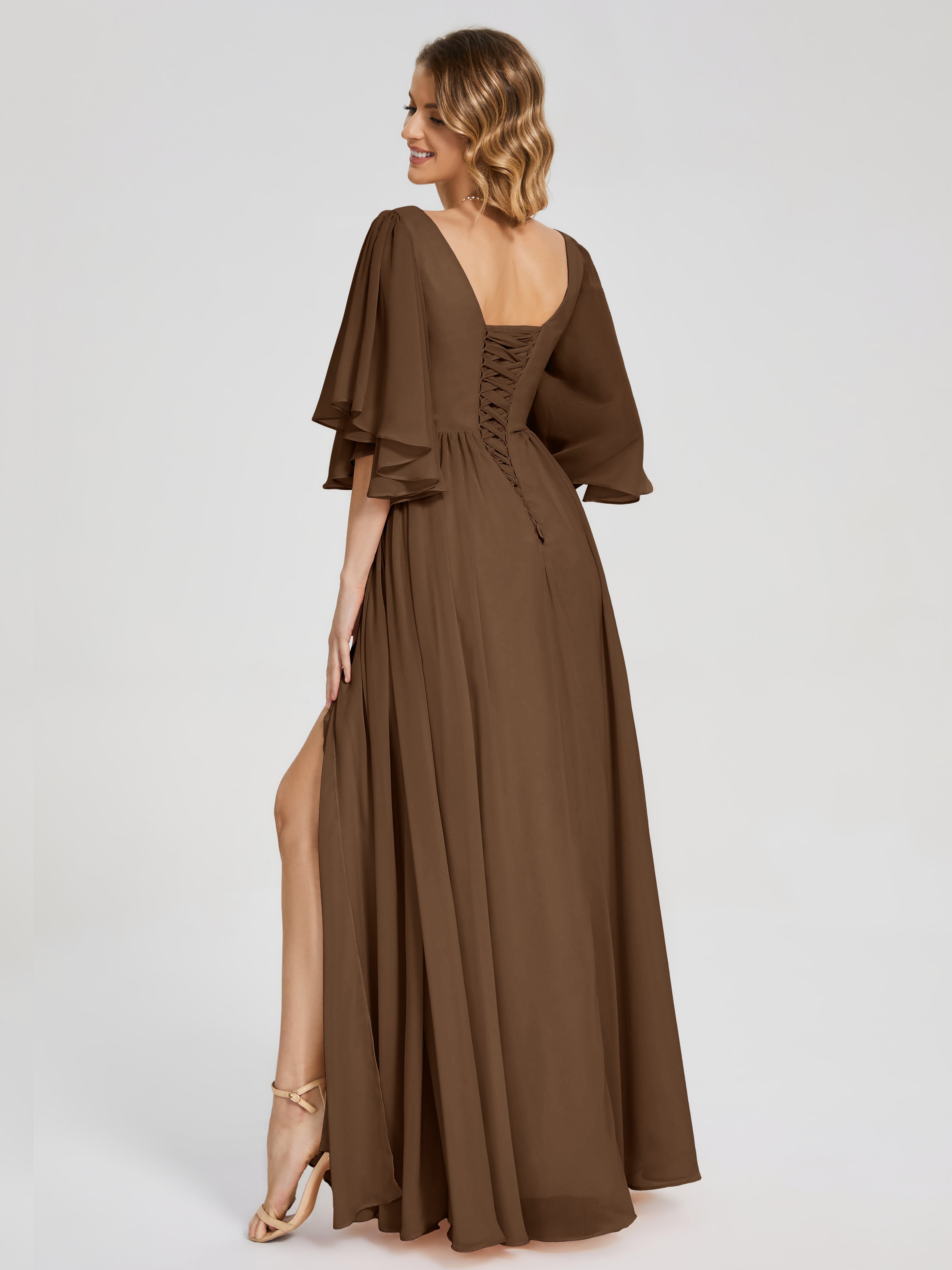 Robes De Demoiselle D'Honneur Brun Demi Manches Mousseline Robes Demoiselle D'Honneur À Lacet