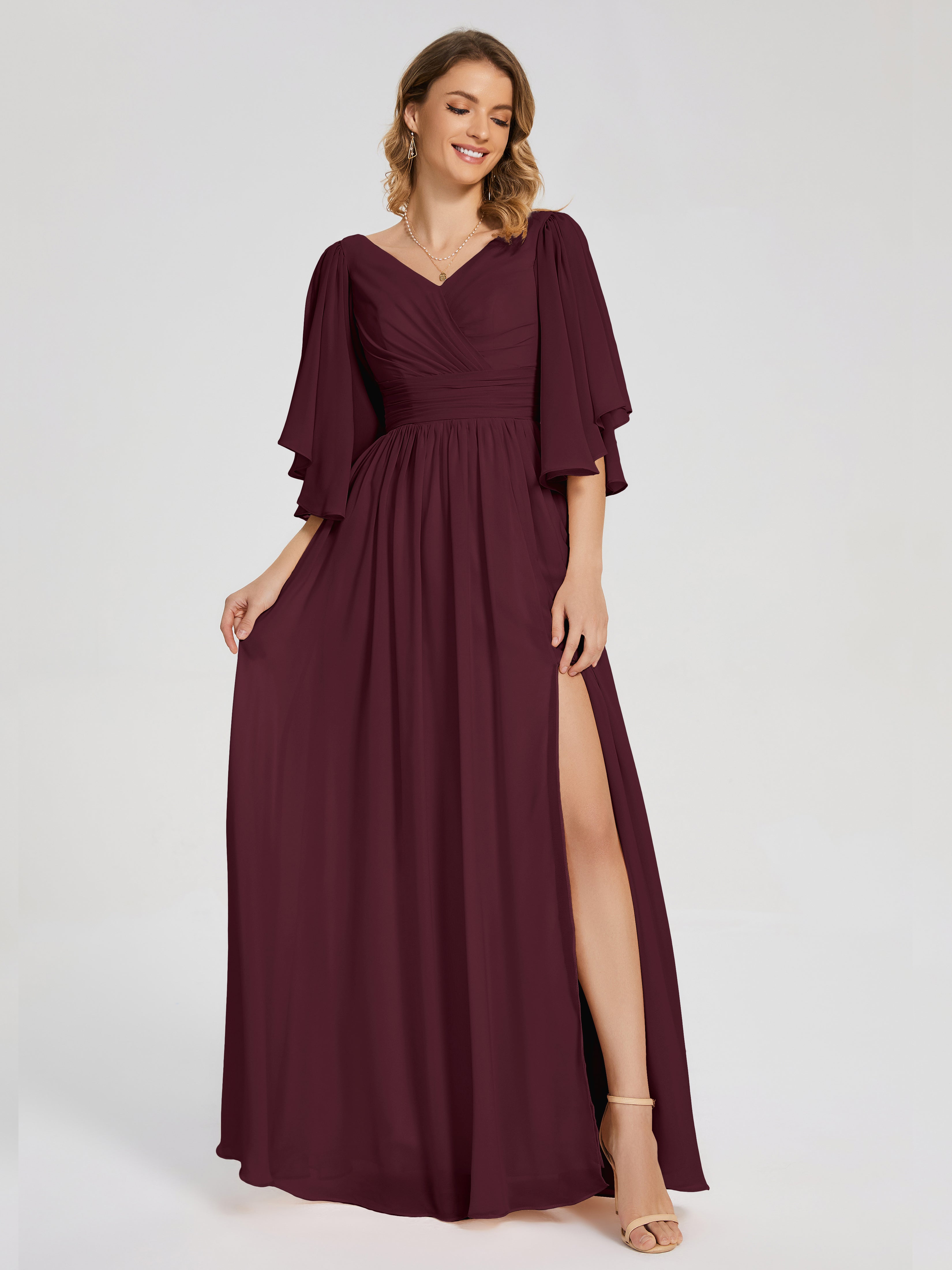 Robes De Demoiselle D'Honneur Cabernet Demi Manches Mousseline Robes Demoiselle D'Honneur À Lacet