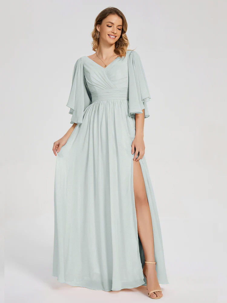 Robe Demoiselle D Honneur Vert Celadon Demi Manches Mousseline Robes Demoiselle D'Honneur À Lacet