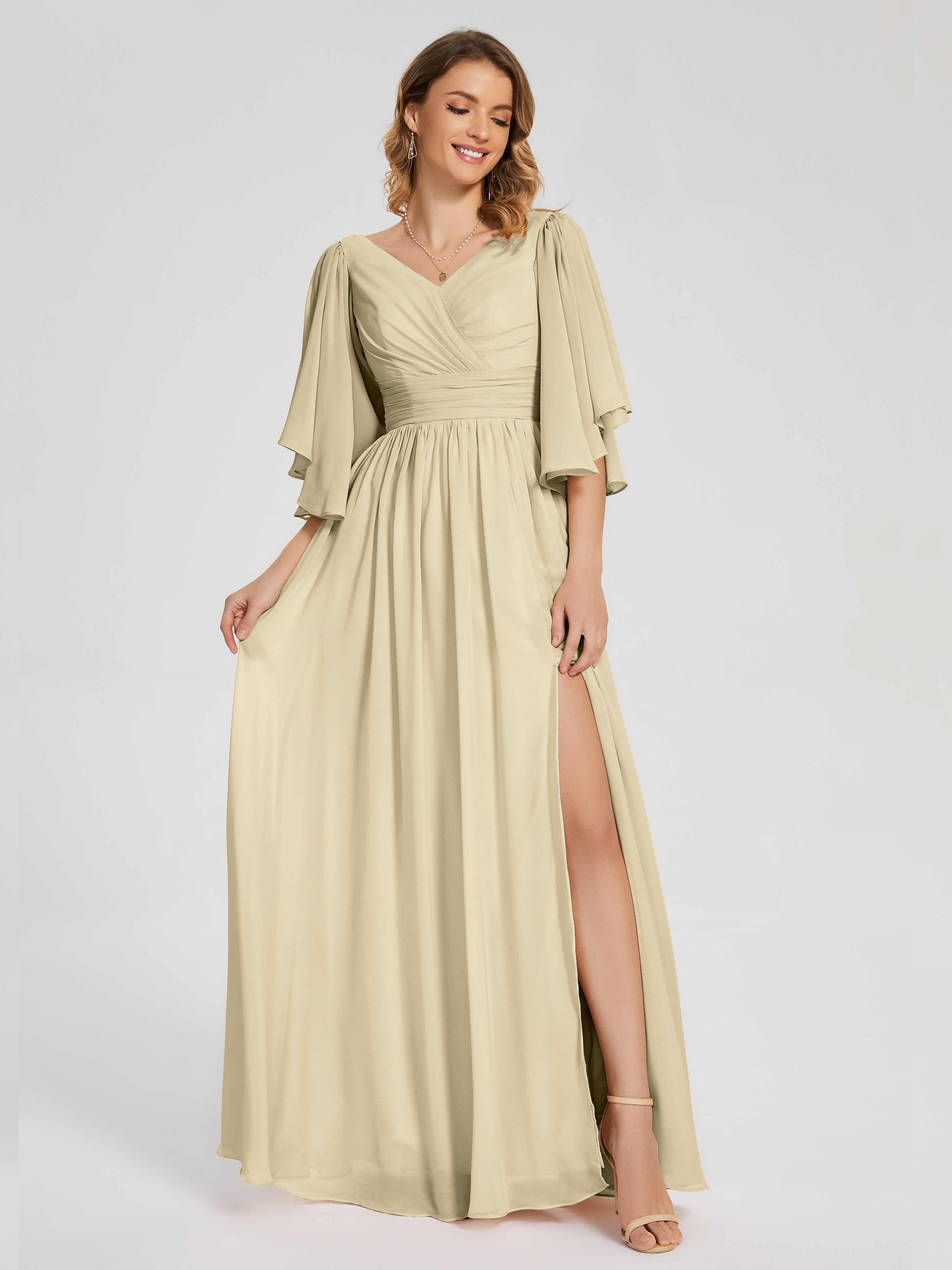 Robes De Demoiselle D'Honneur Champagne Demi Manches Mousseline Robes Demoiselle D'Honneur À Lacet