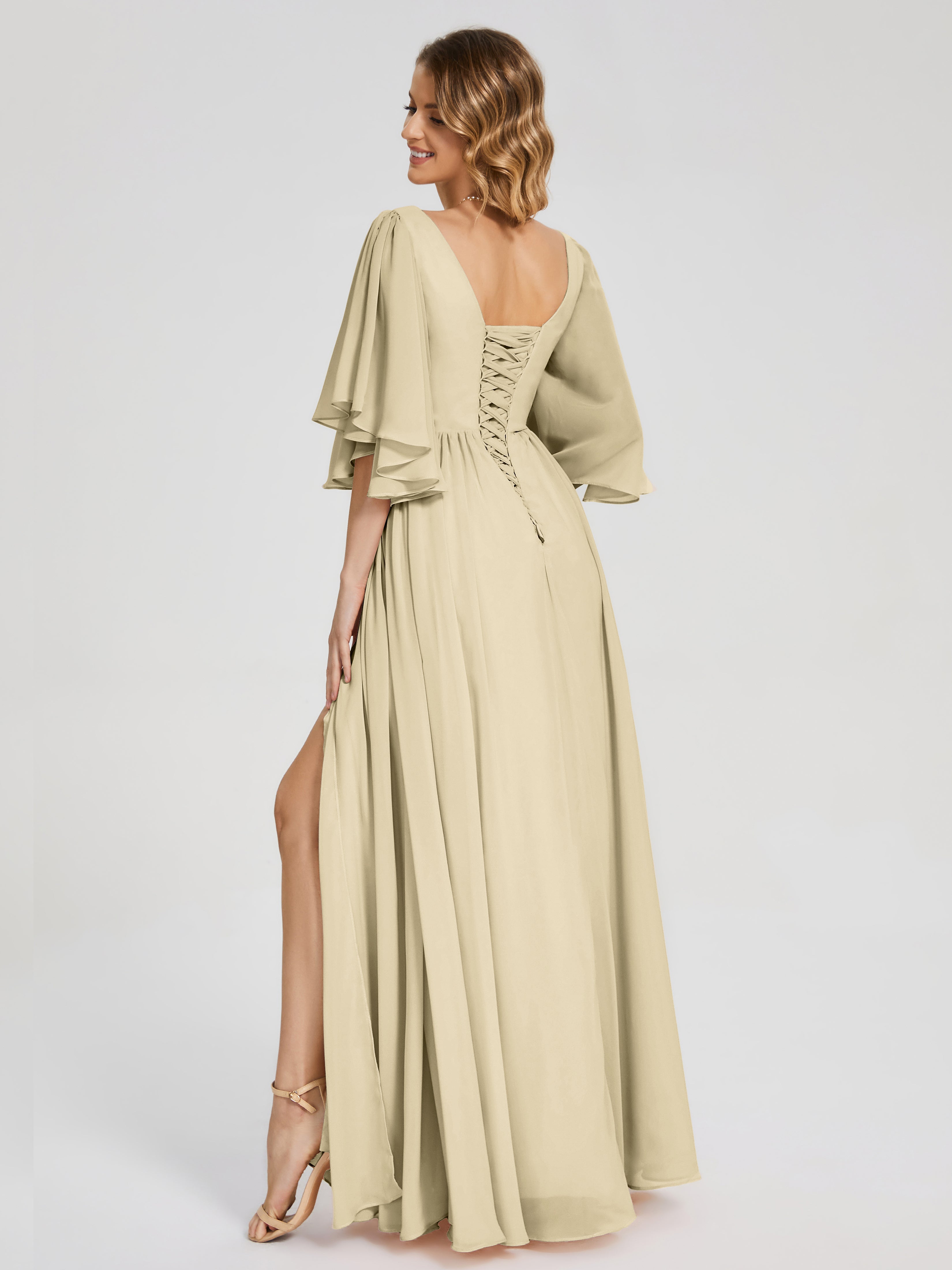 Robes De Demoiselle D'Honneur Champagne Demi Manches Mousseline Robes Demoiselle D'Honneur À Lacet