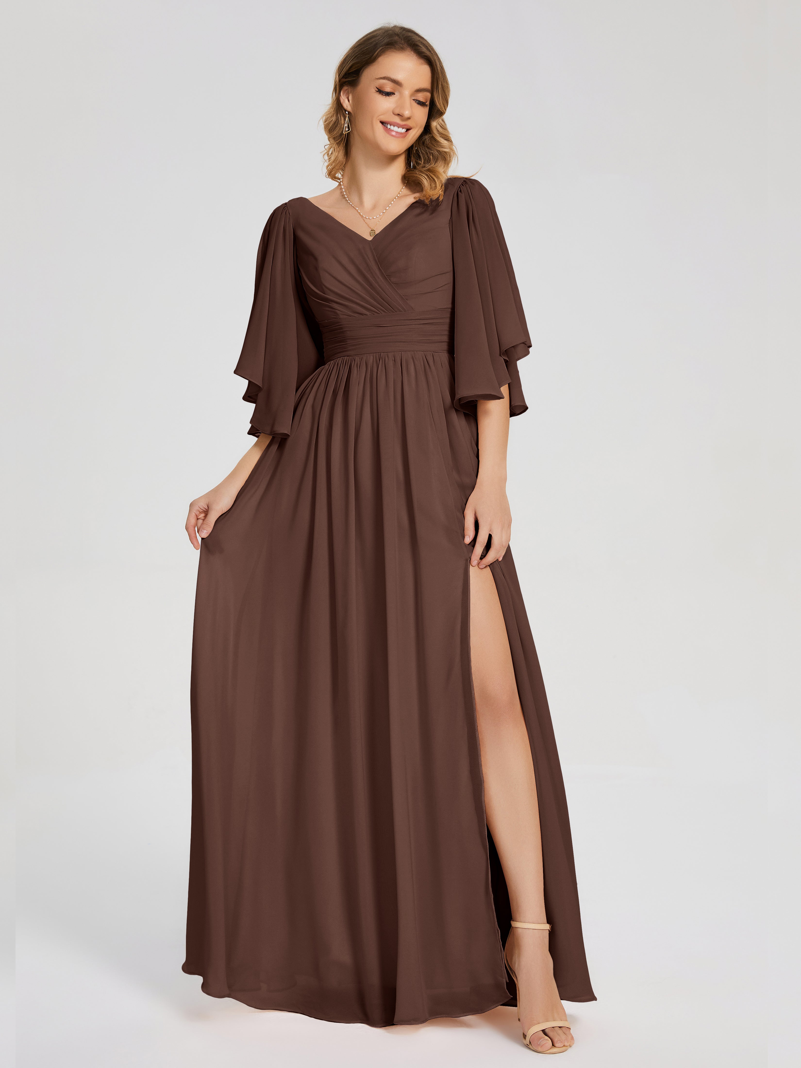 Robe Marron Chocolat Demoiselle D Honneur Demi Manches Mousseline Robes Demoiselle D'Honneur À Lacet