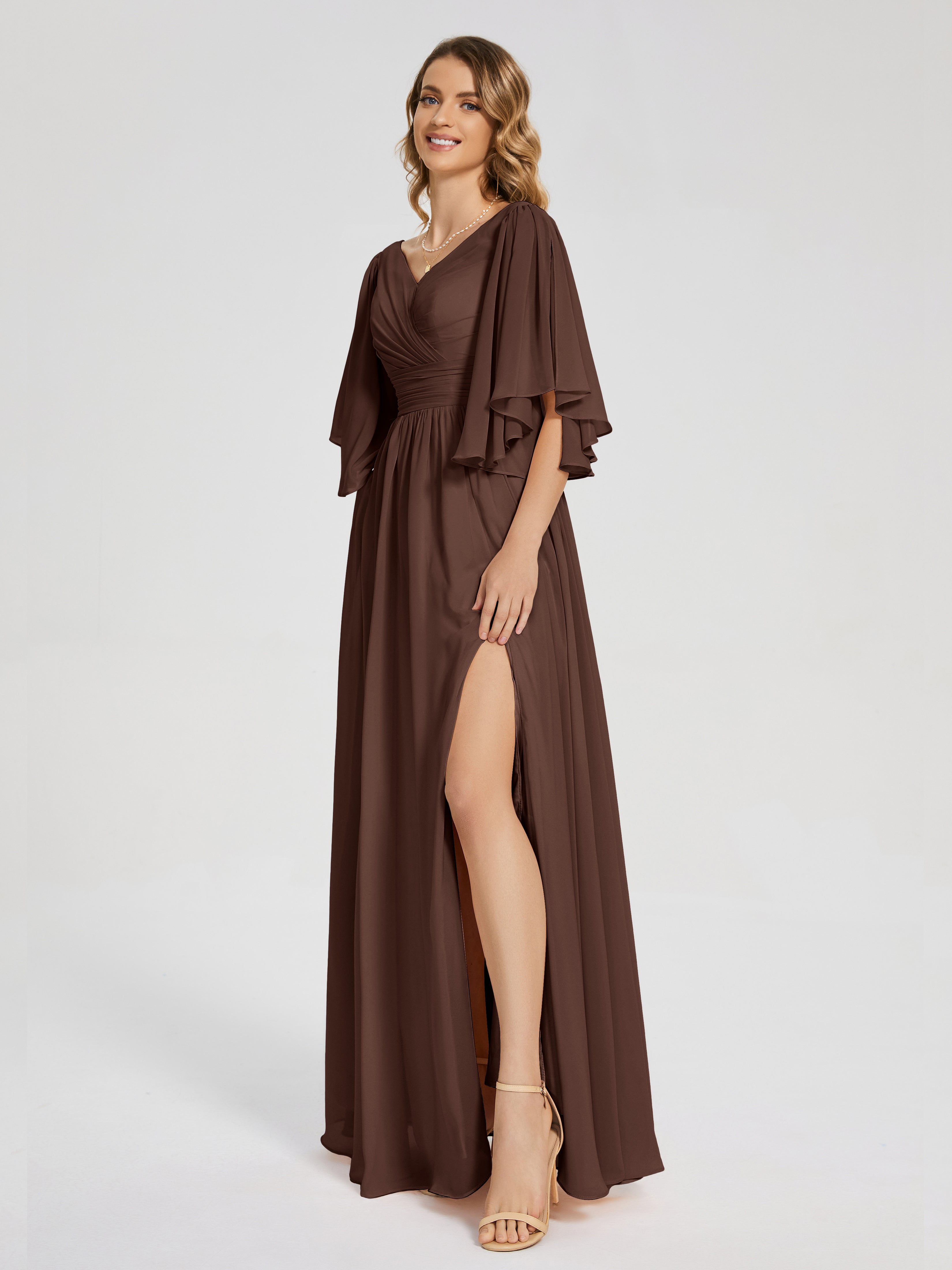 Robe Marron Chocolat Demoiselle D Honneur Demi Manches Mousseline Robes Demoiselle D'Honneur À Lacet
