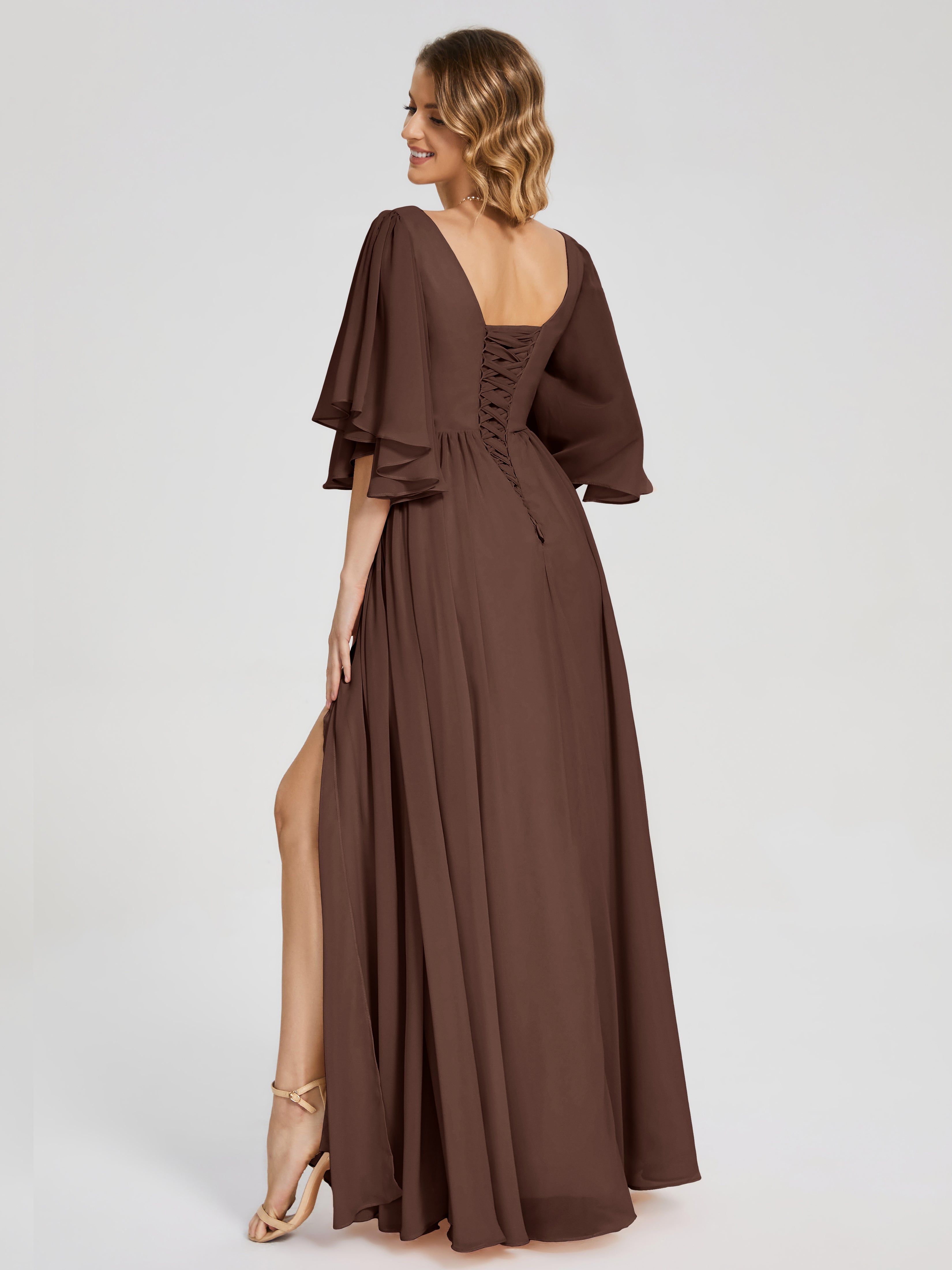 Robe Marron Chocolat Demoiselle D Honneur Demi Manches Mousseline Robes Demoiselle D'Honneur À Lacet