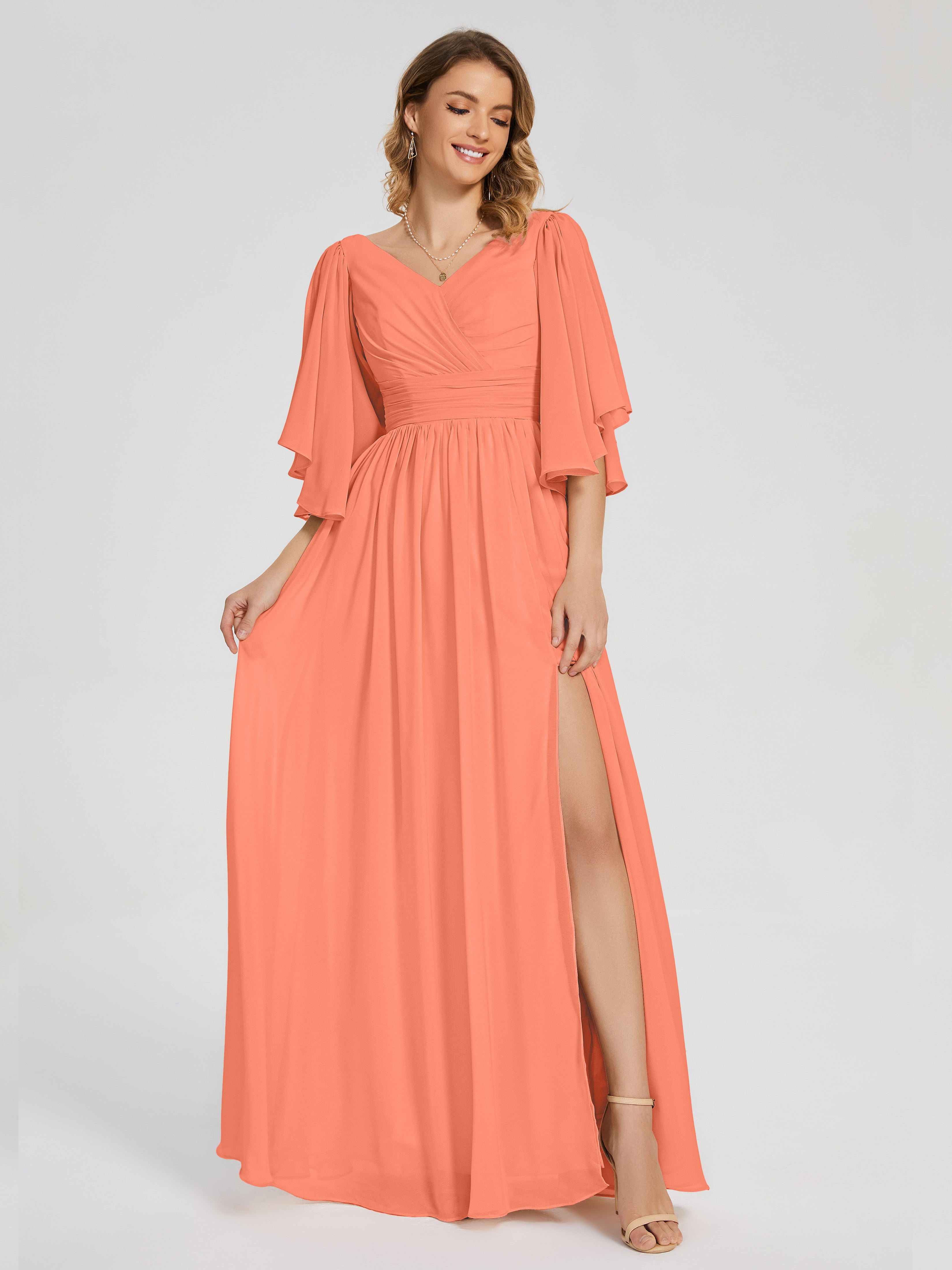 Robes De Demoiselle D'Honneur Coucher De Soleil Demi Manches Mousseline Robes Demoiselle D'Honneur À Lacet