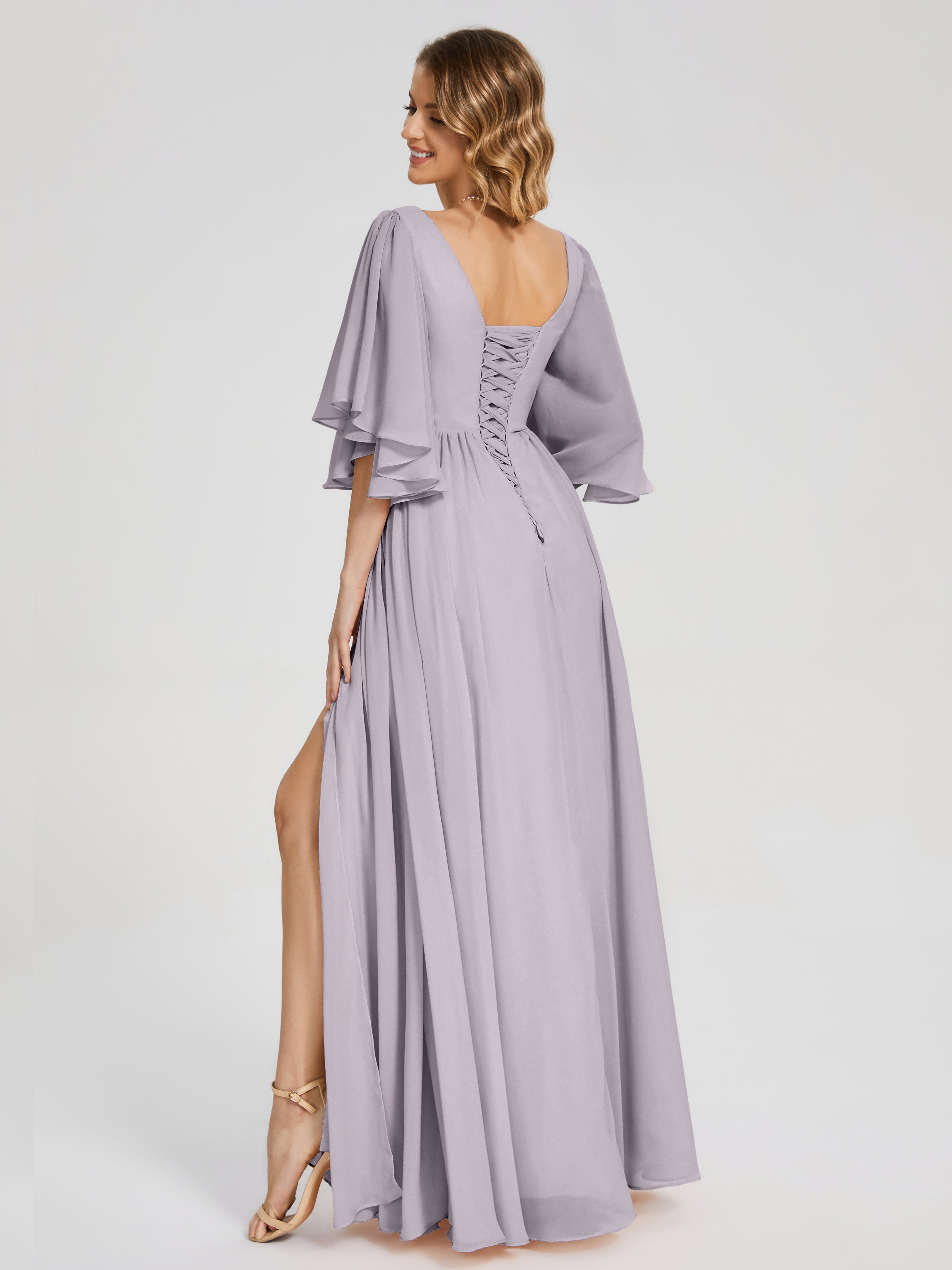 Robes De Demoiselle D'Honneur Crépuscule Demi Manches Mousseline Robes Demoiselle D'Honneur À Lacet