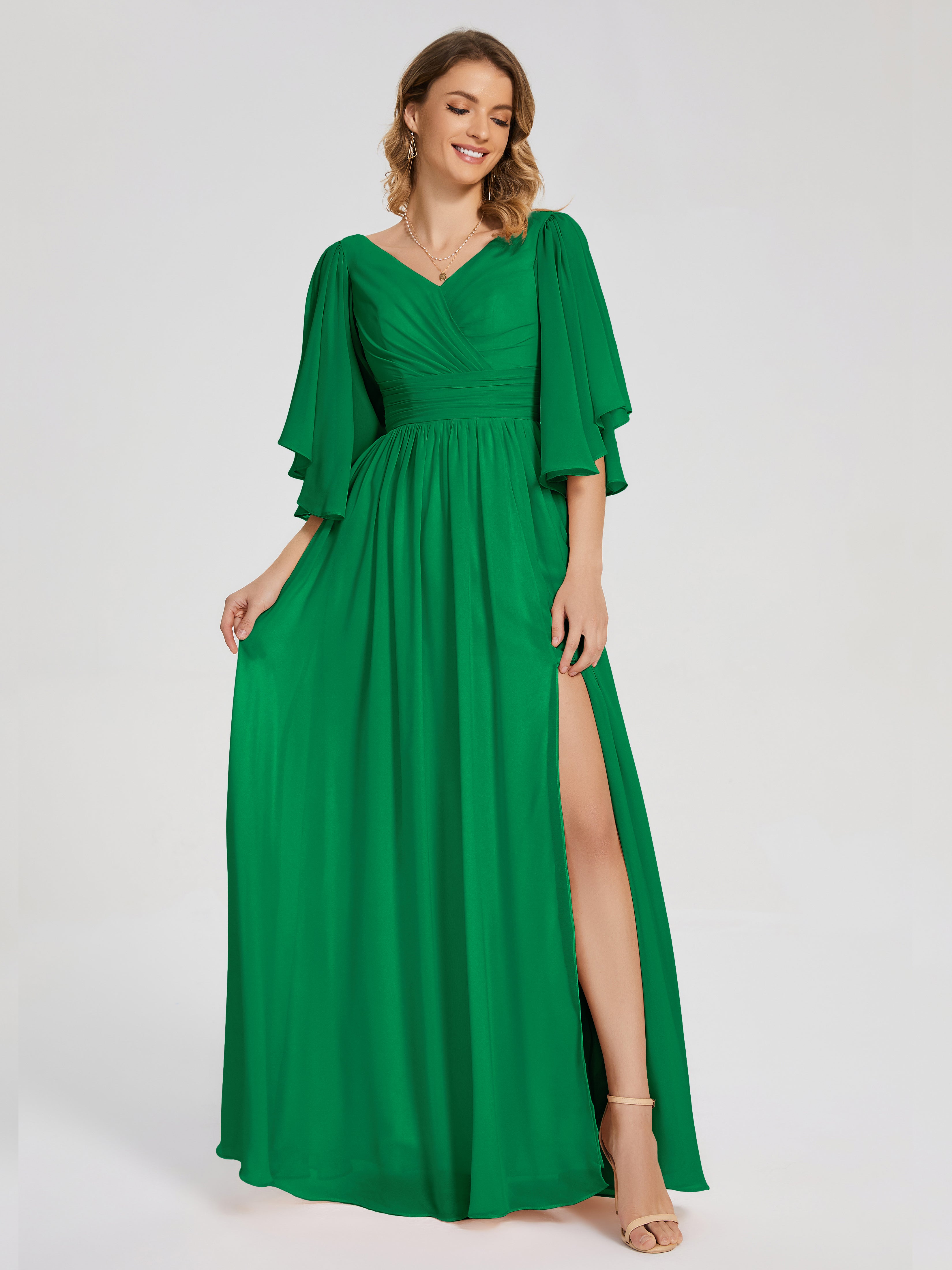 Robes De Demoiselle D'Honneur Émeraude Demi Manches Mousseline Robes Demoiselle D'Honneur À Lacet