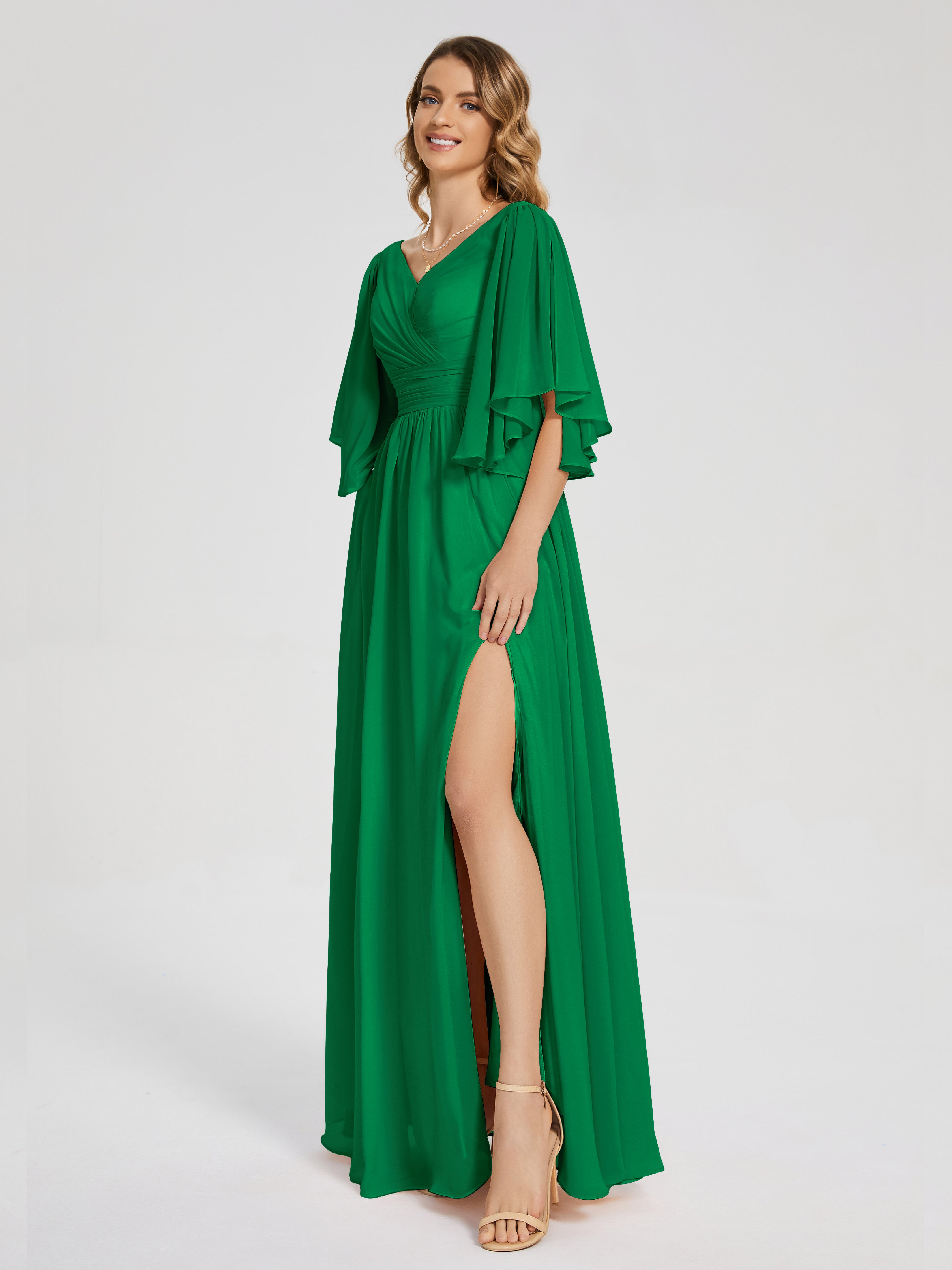 Robes De Demoiselle D'Honneur Émeraude Demi Manches Mousseline Robes Demoiselle D'Honneur À Lacet
