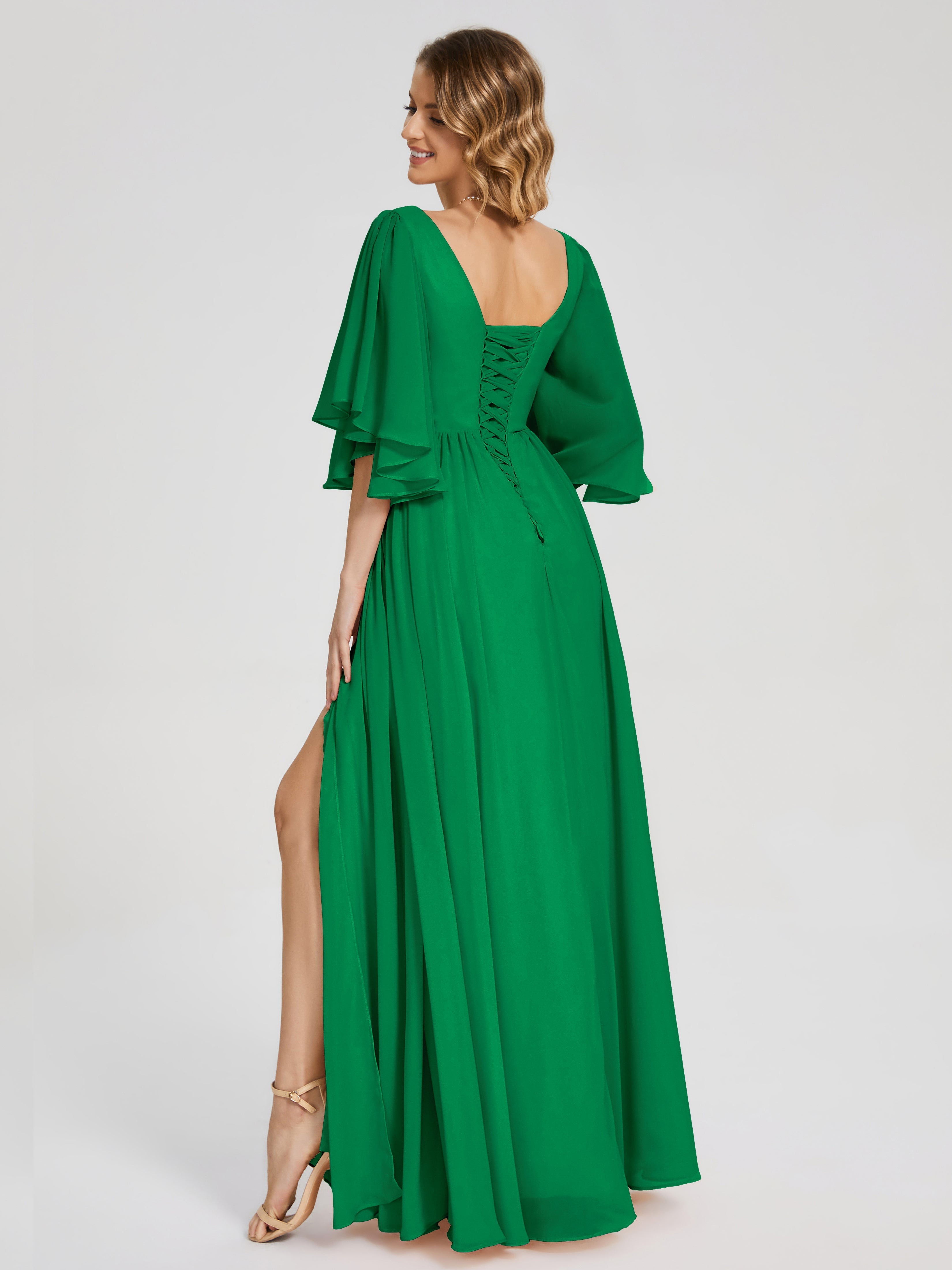 Robes De Demoiselle D'Honneur Émeraude Demi Manches Mousseline Robes Demoiselle D'Honneur À Lacet
