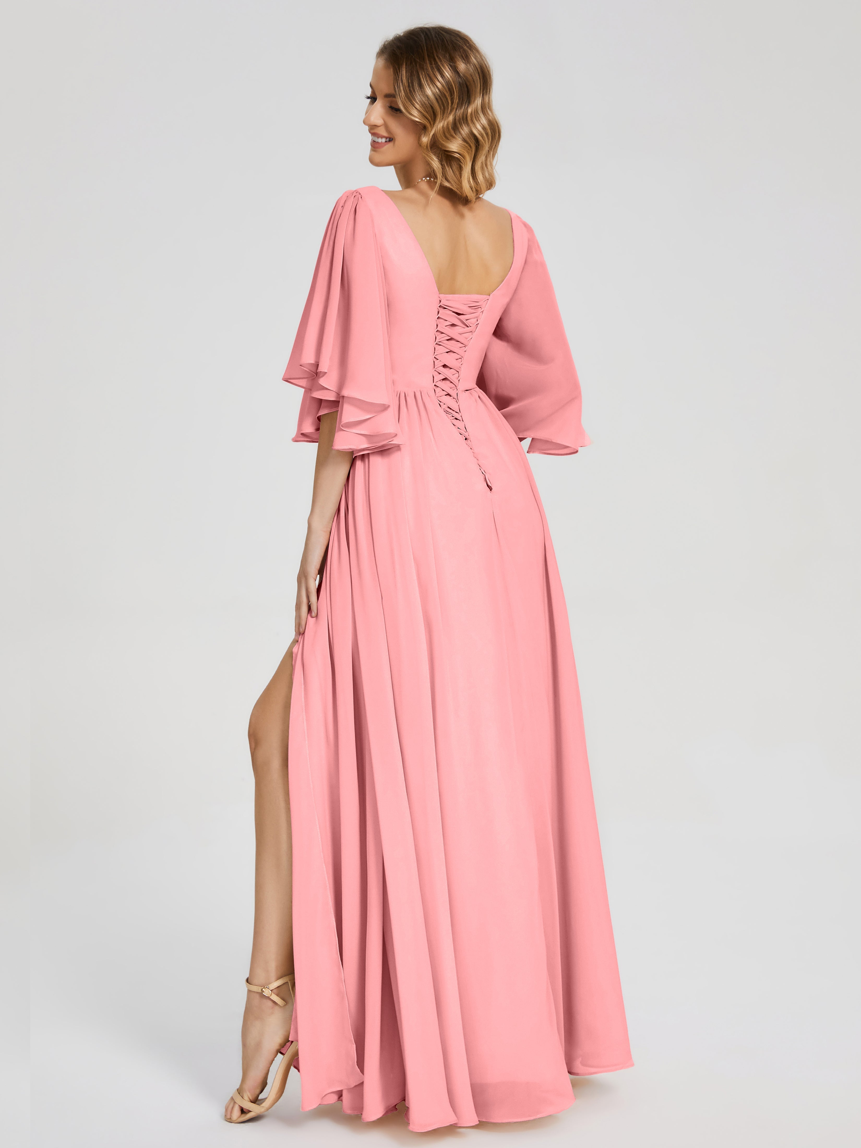 Robes De Demoiselle D'Honneur En Flamant Demi Manches Mousseline Robes Demoiselle D'Honneur À Lacet