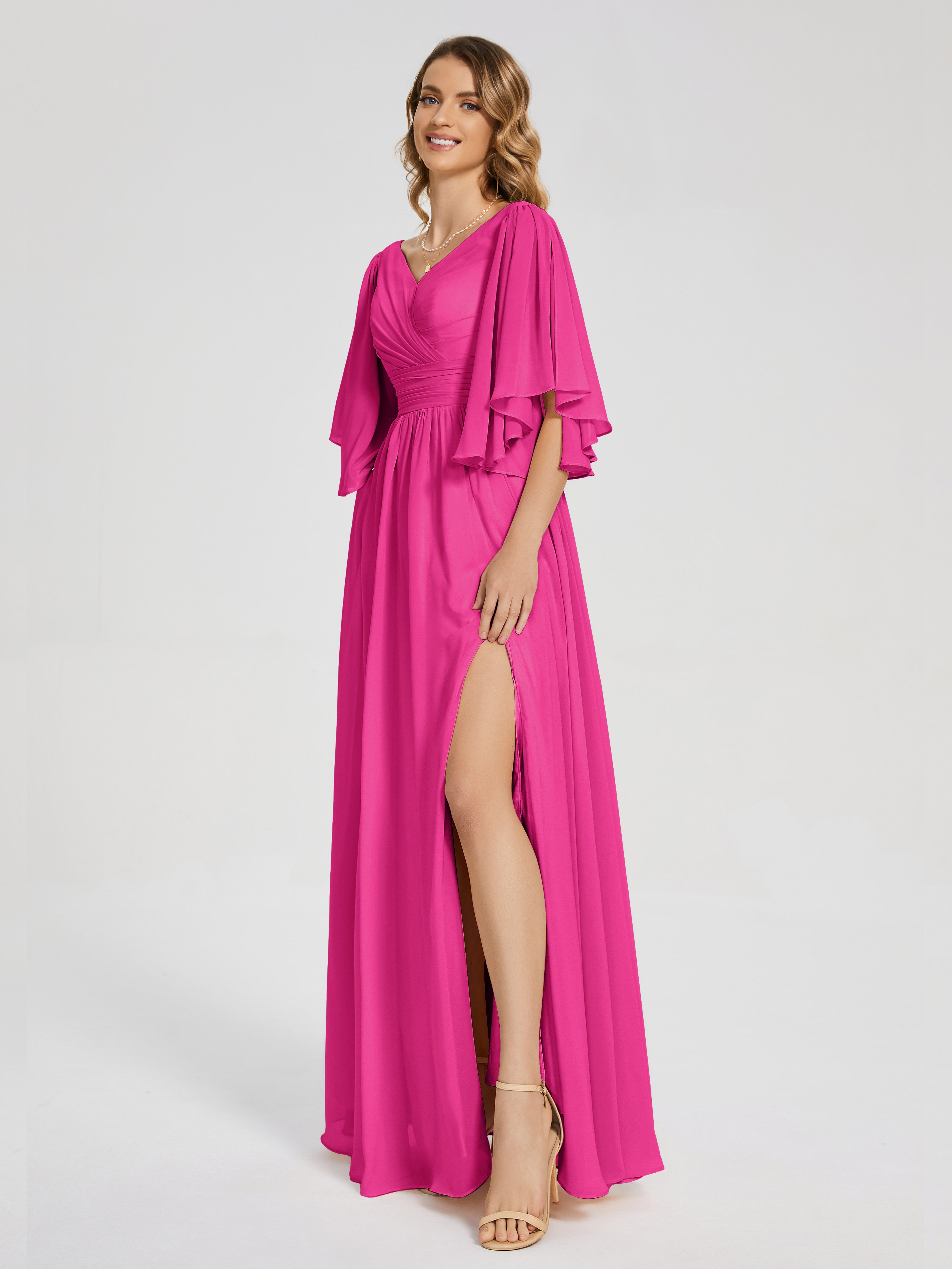 Robe Rose Fuchsia Demoiselle D Honneur Demi Manches Mousseline Robes Demoiselle D'Honneur À Lacet