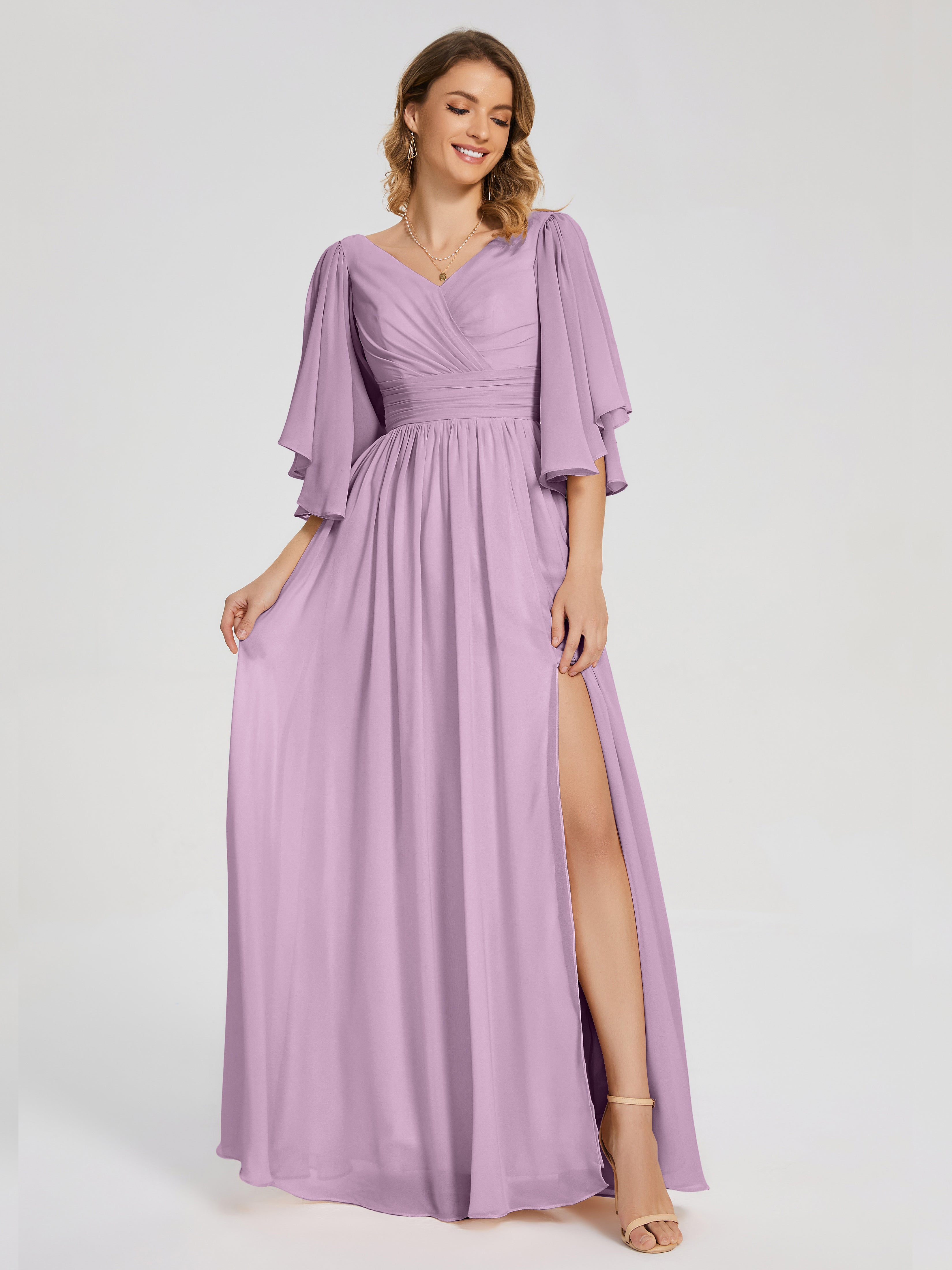 Robes De Demoiselle D'Honneur Glycine Demi Manches Mousseline Robes Demoiselle D'Honneur À Lacet