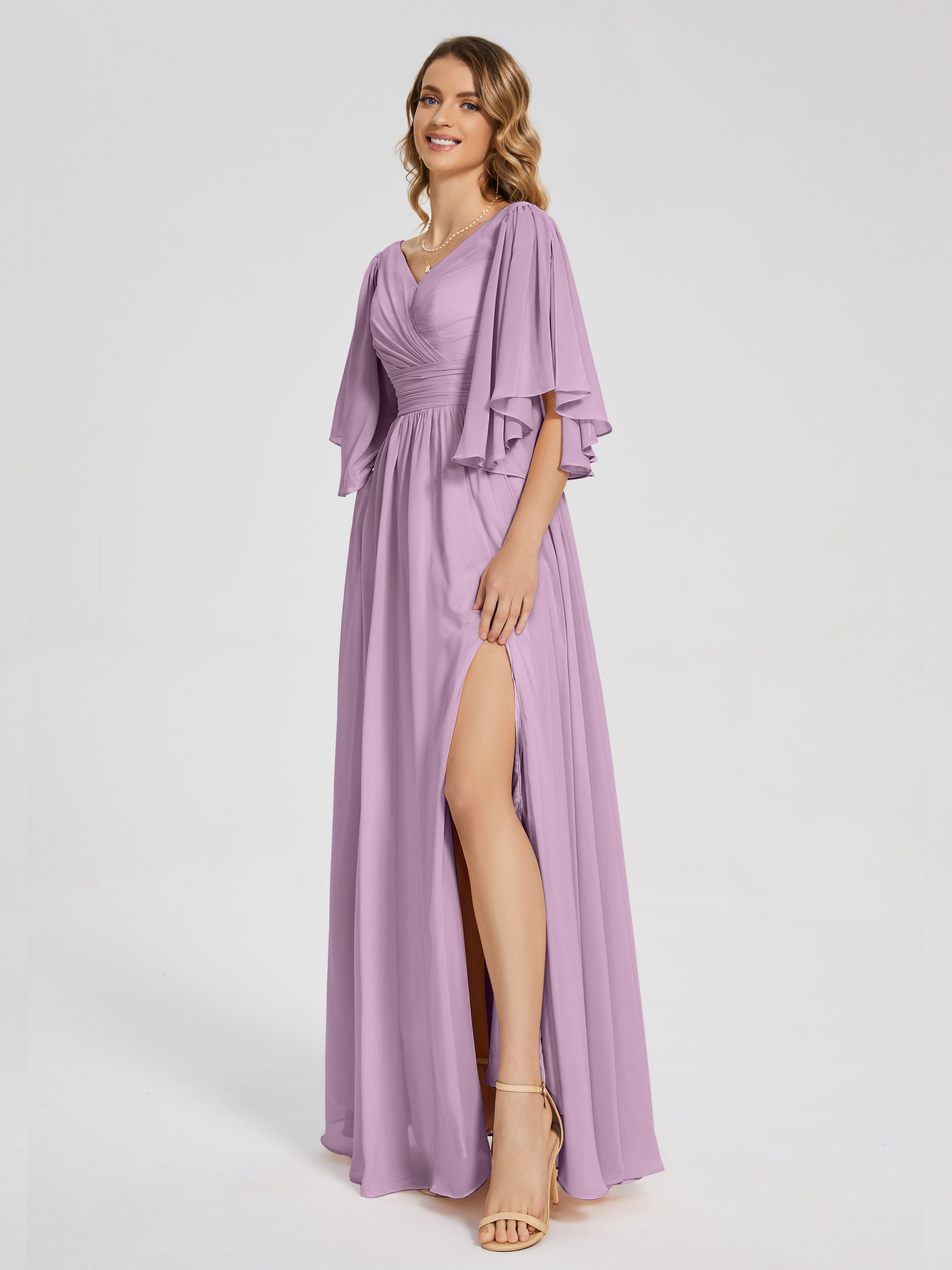 Robes De Demoiselle D'Honneur Glycine Demi Manches Mousseline Robes Demoiselle D'Honneur À Lacet