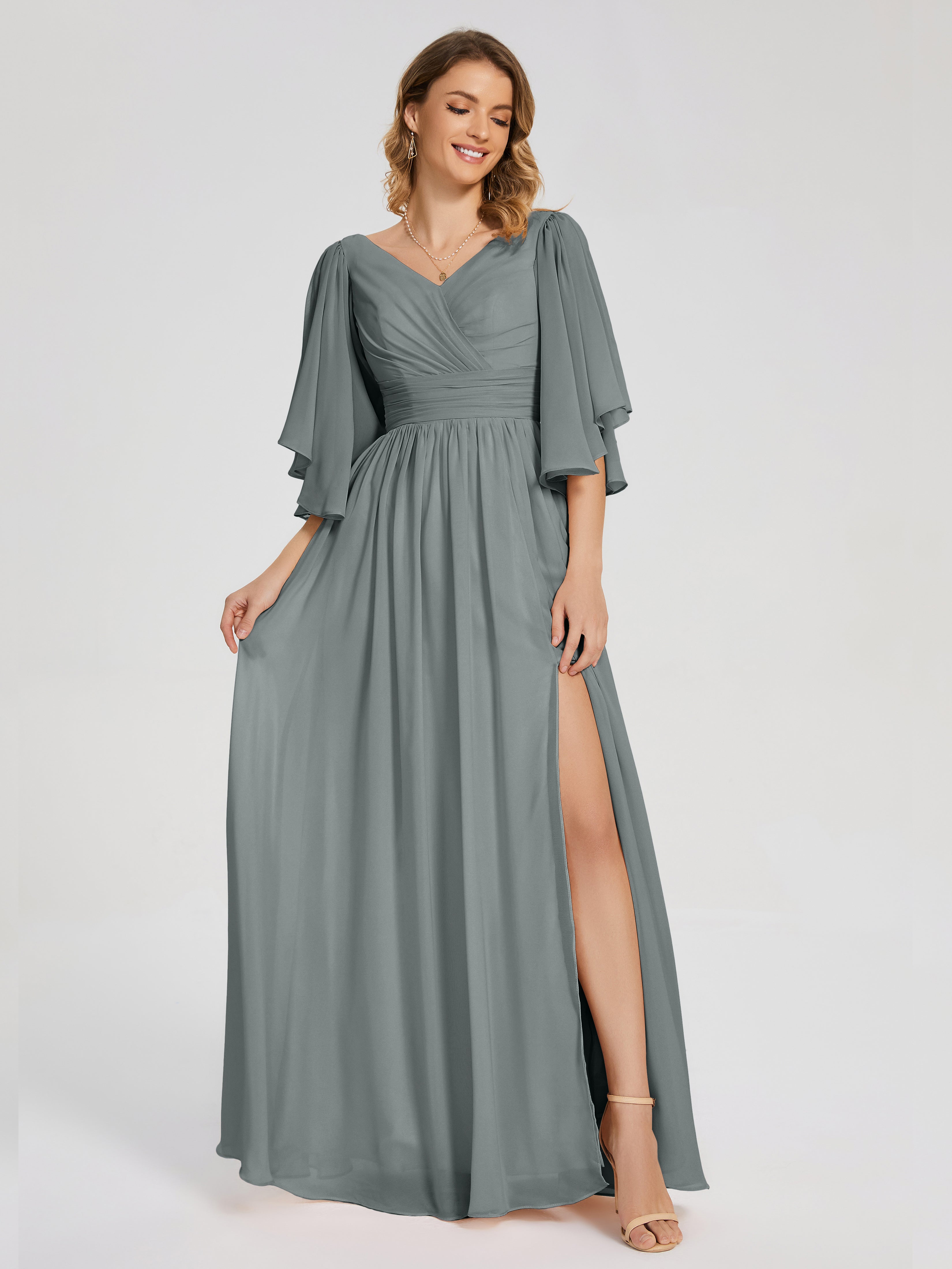 Demoiselle D Honneur Robe Grise Demi Manches Mousseline Robes Demoiselle D'Honneur À Lacet