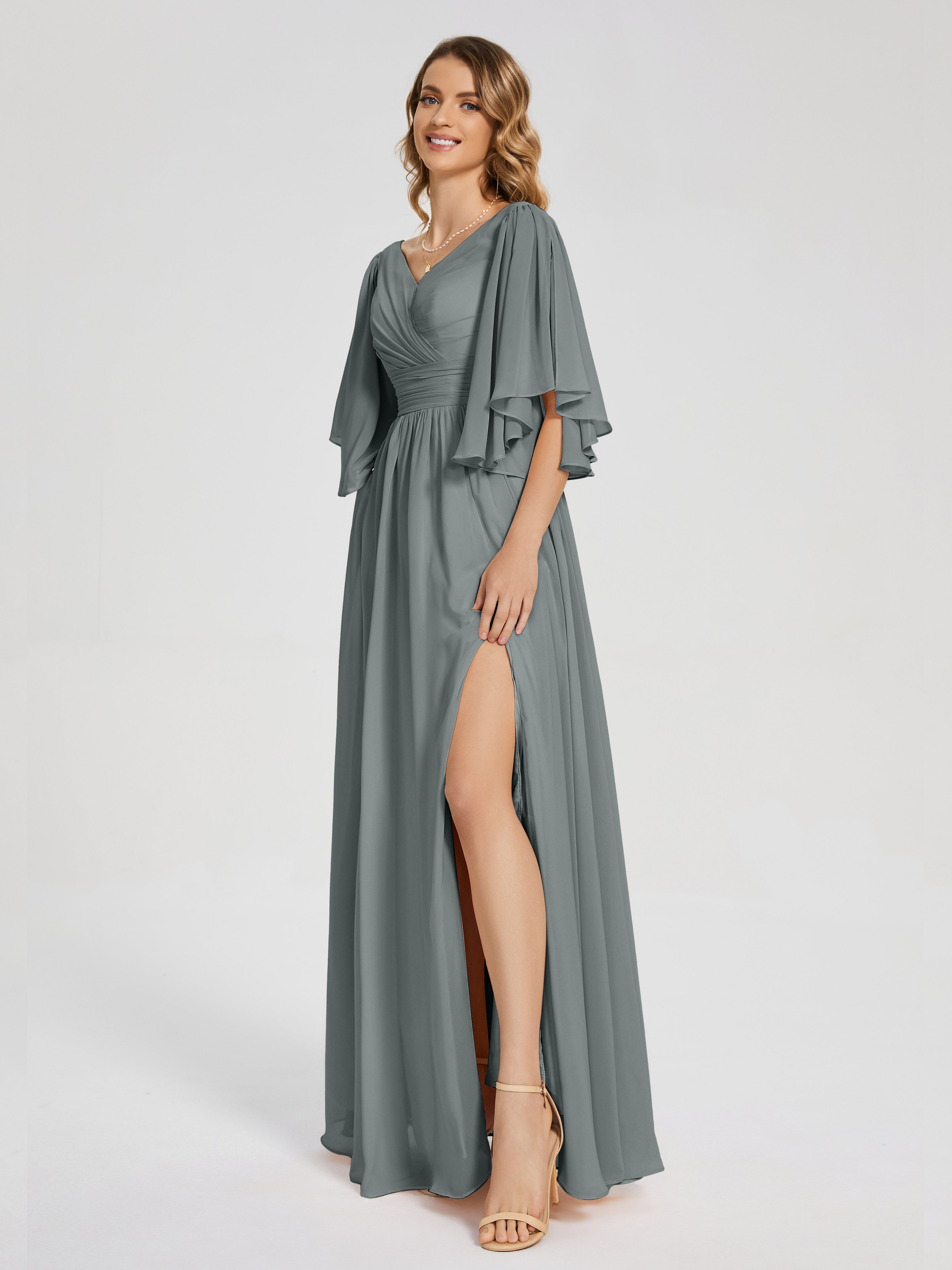 Demoiselle D Honneur Robe Grise Demi Manches Mousseline Robes Demoiselle D'Honneur À Lacet