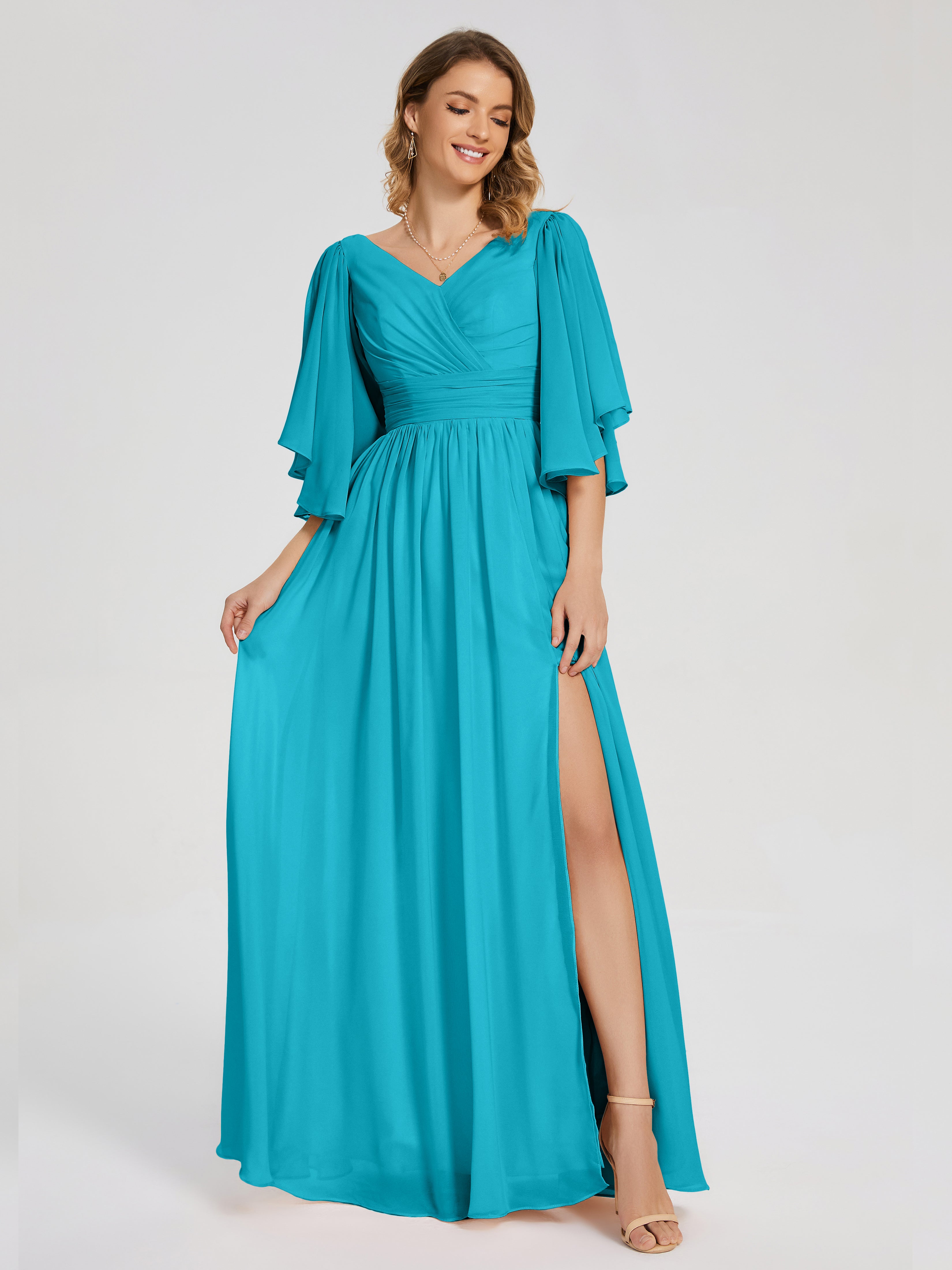 Robes De Demoiselle D'Honneur Vert Jade Demi Manches Mousseline Robes Demoiselle D'Honneur À Lacet