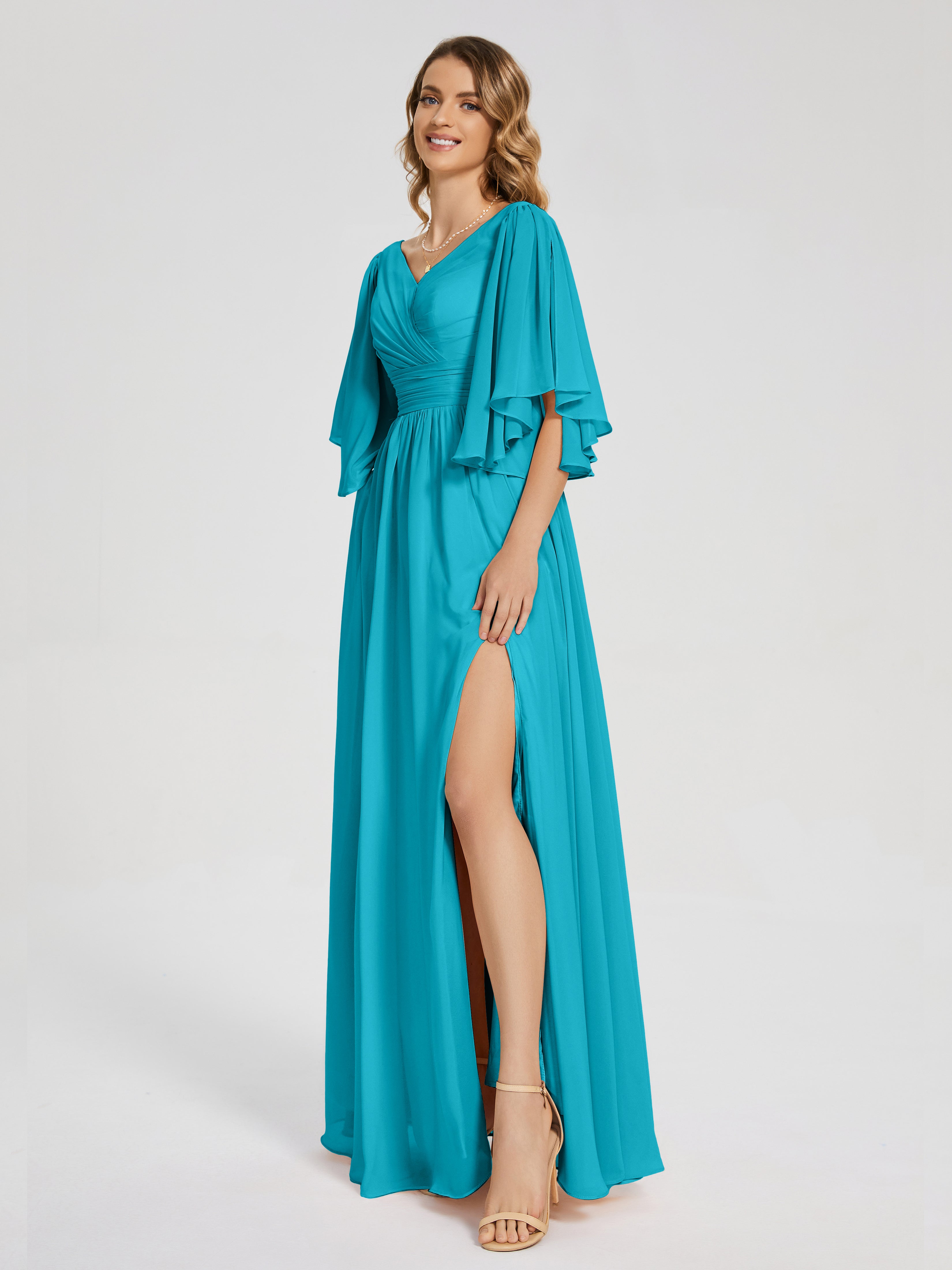 Robes De Demoiselle D'Honneur Vert Jade Demi Manches Mousseline Robes Demoiselle D'Honneur À Lacet
