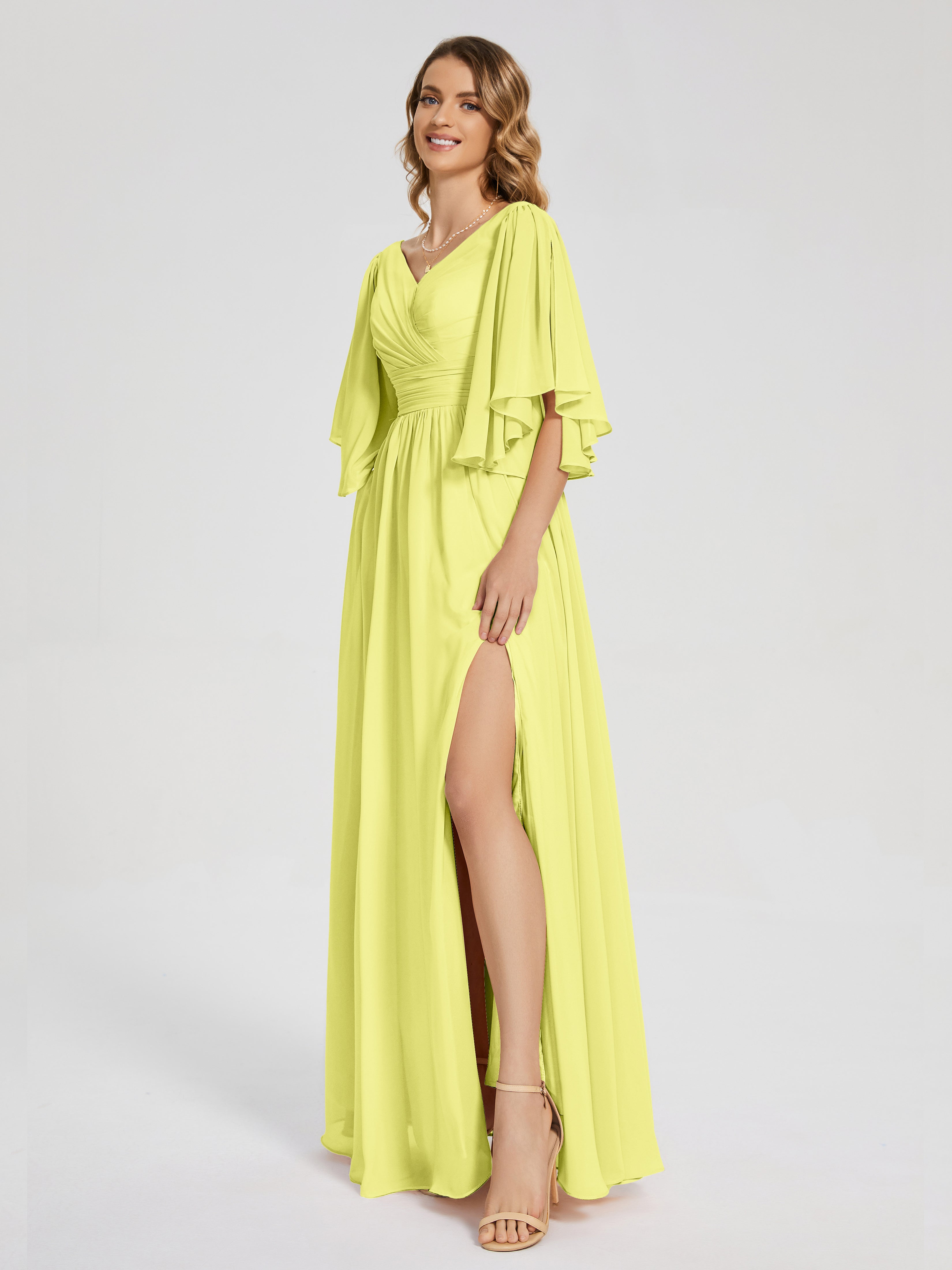 Robes De Demoiselle D'Honneur Jonquille Demi Manches Mousseline Robes Demoiselle D'Honneur À Lacet
