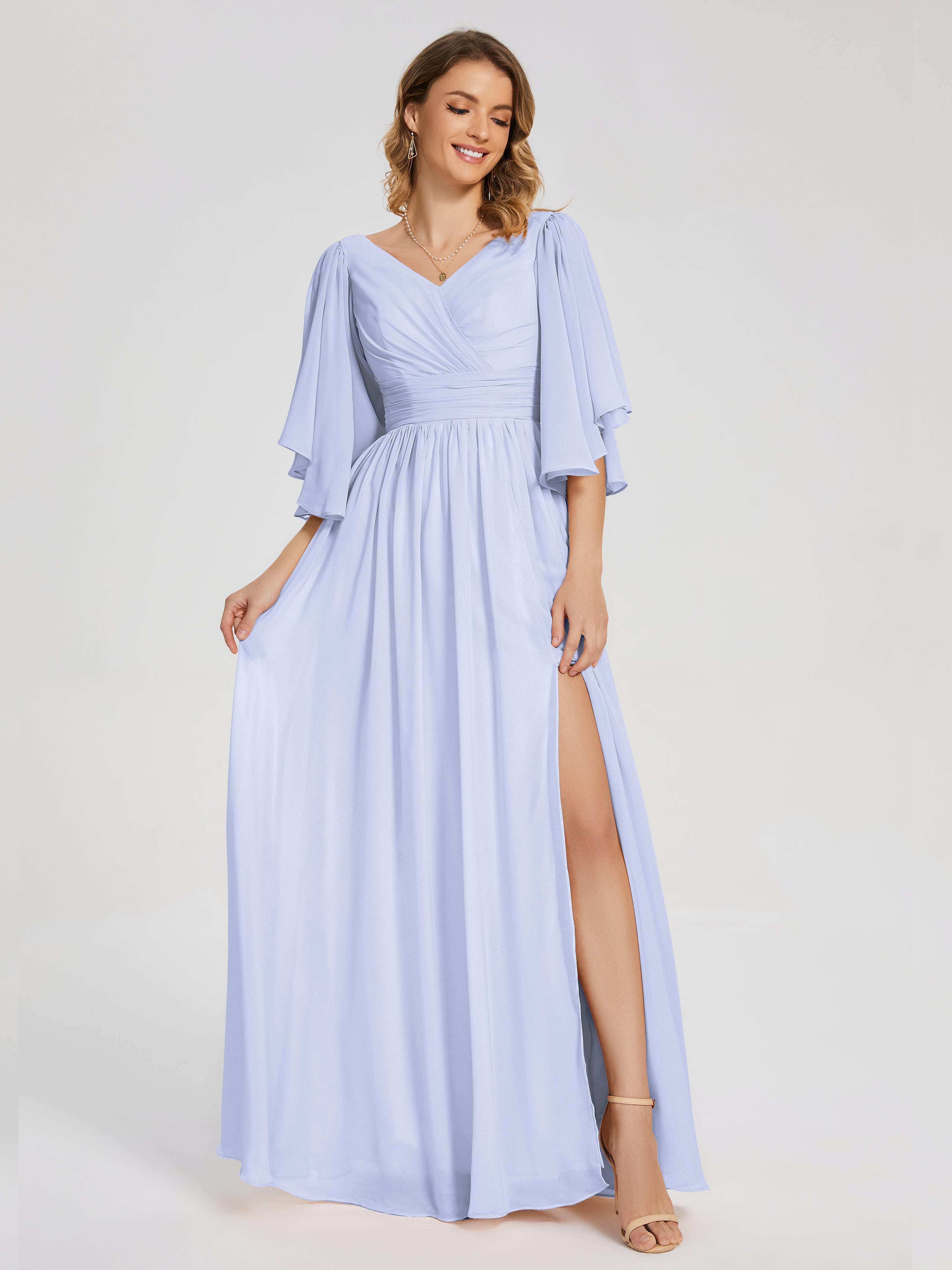 Robe De Demoiselle D'Honneur Lavande Demi Manches Mousseline Robes Demoiselle D'Honneur À Lacet