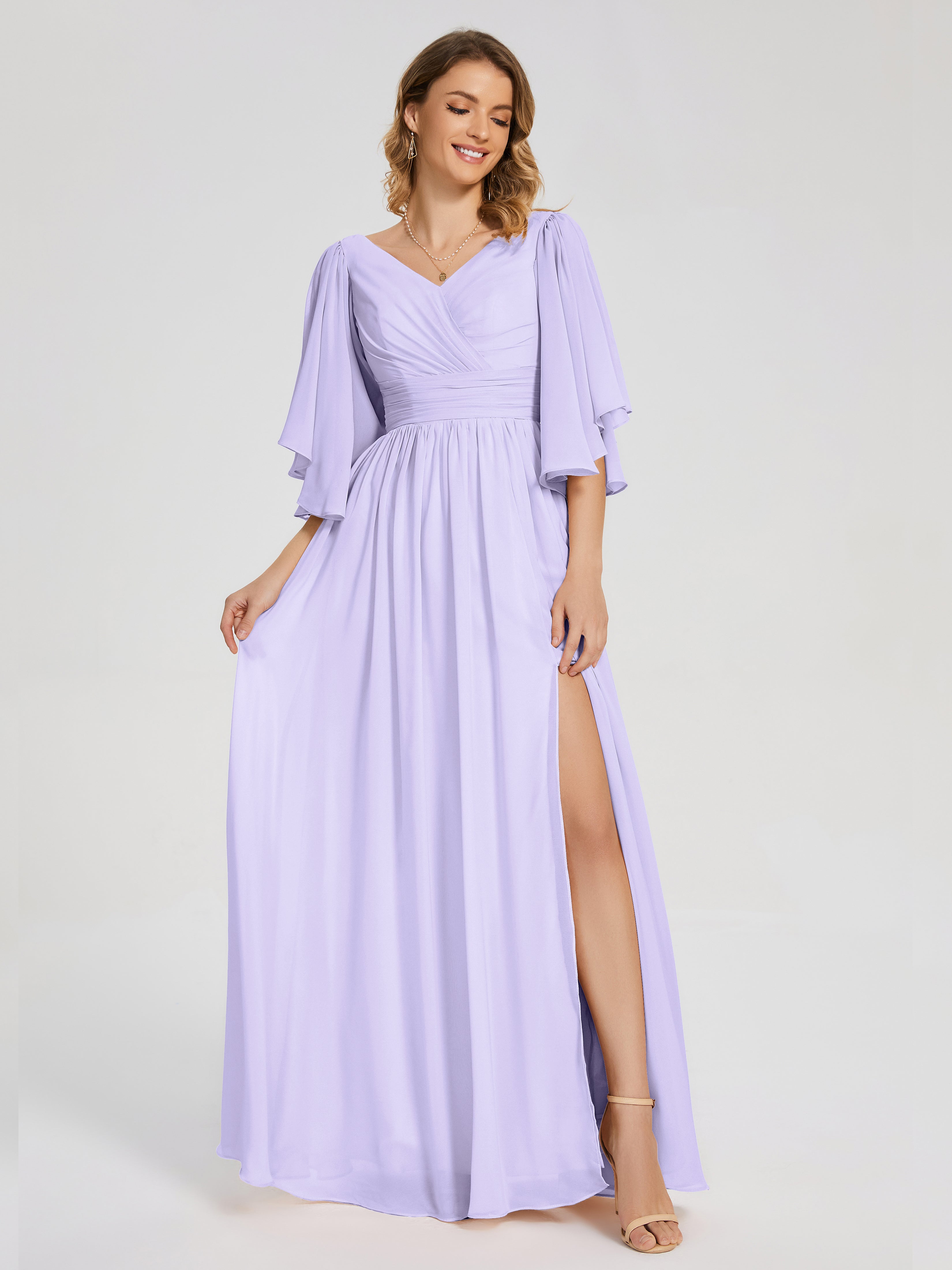 Demoiselle D Honneur Lilas Demi Manches Mousseline Robes Demoiselle D'Honneur À Lacet