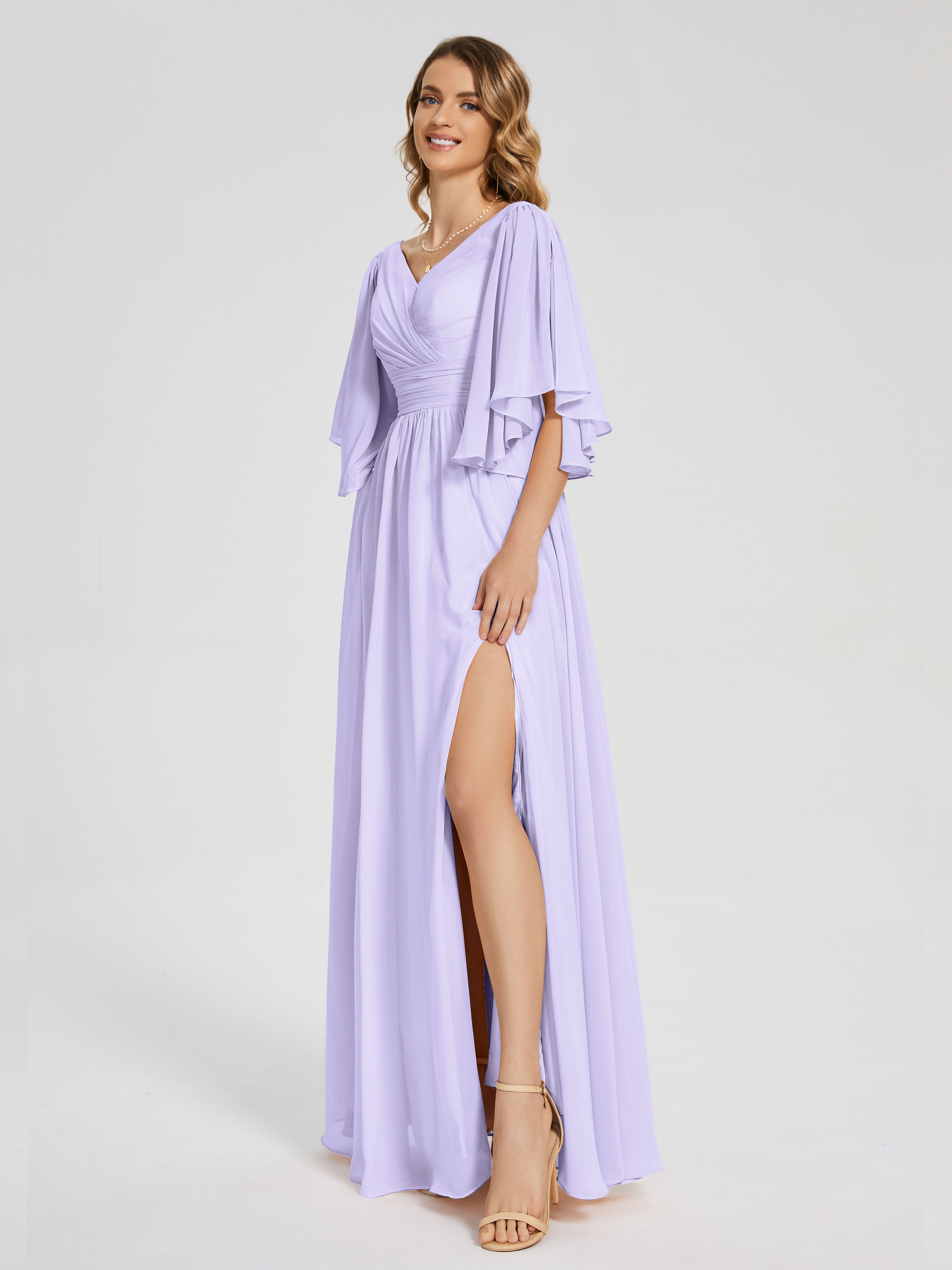 Demoiselle D Honneur Lilas Demi Manches Mousseline Robes Demoiselle D'Honneur À Lacet
