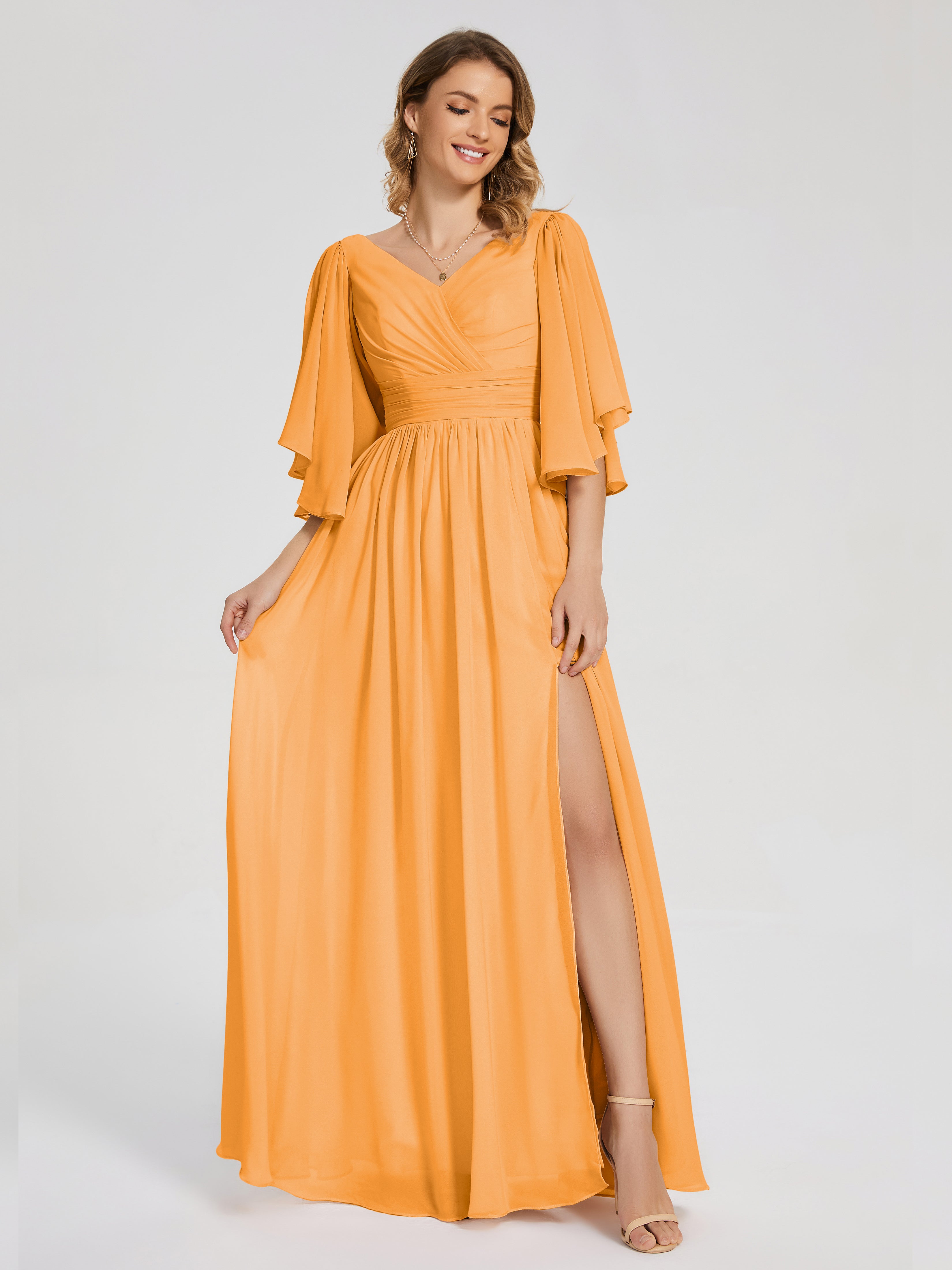 Robes De Demoiselle D'Honneur Mandarine Demi Manches Mousseline Robes Demoiselle D'Honneur À Lacet