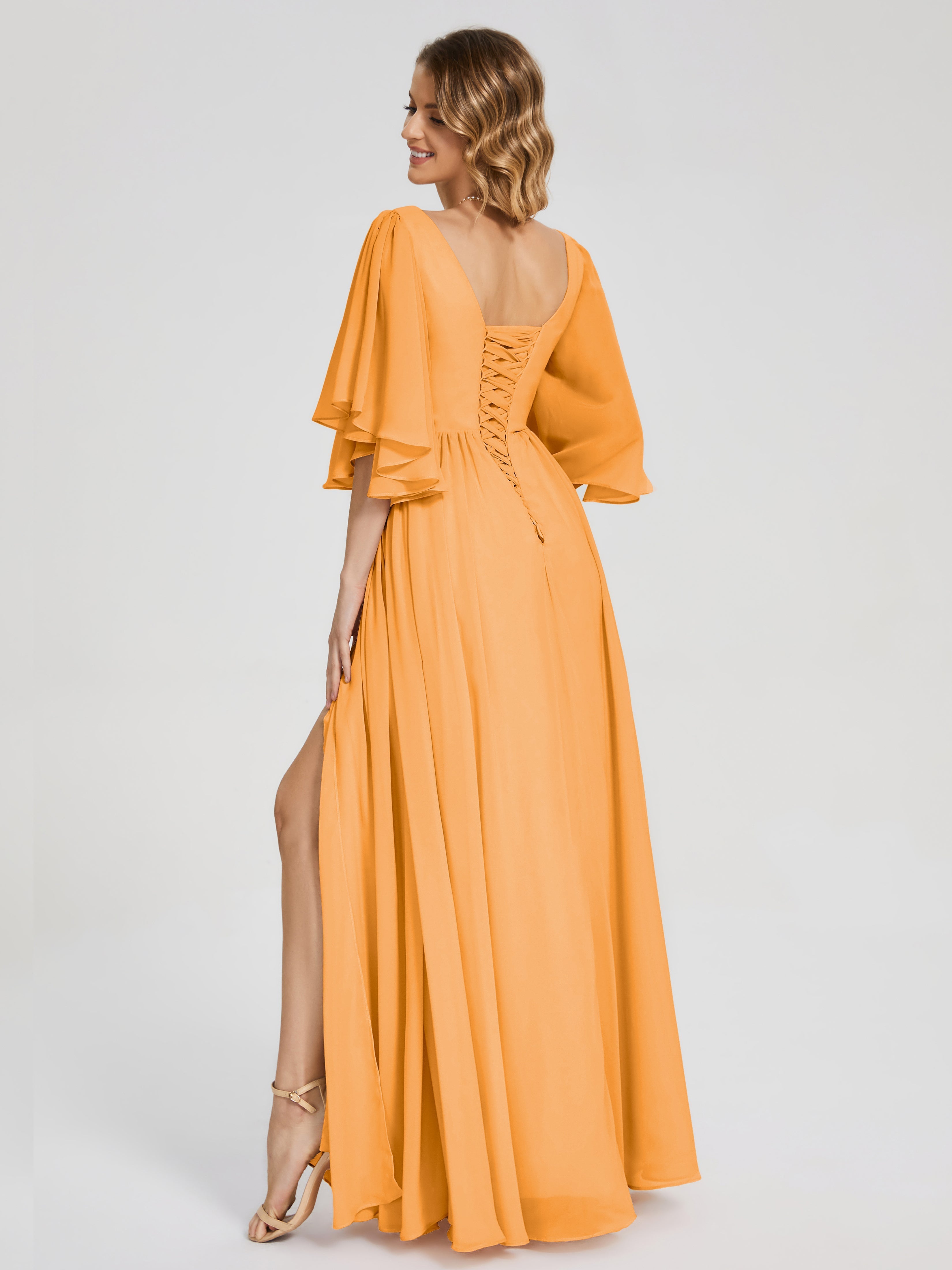 Robes De Demoiselle D'Honneur Mandarine Demi Manches Mousseline Robes Demoiselle D'Honneur À Lacet