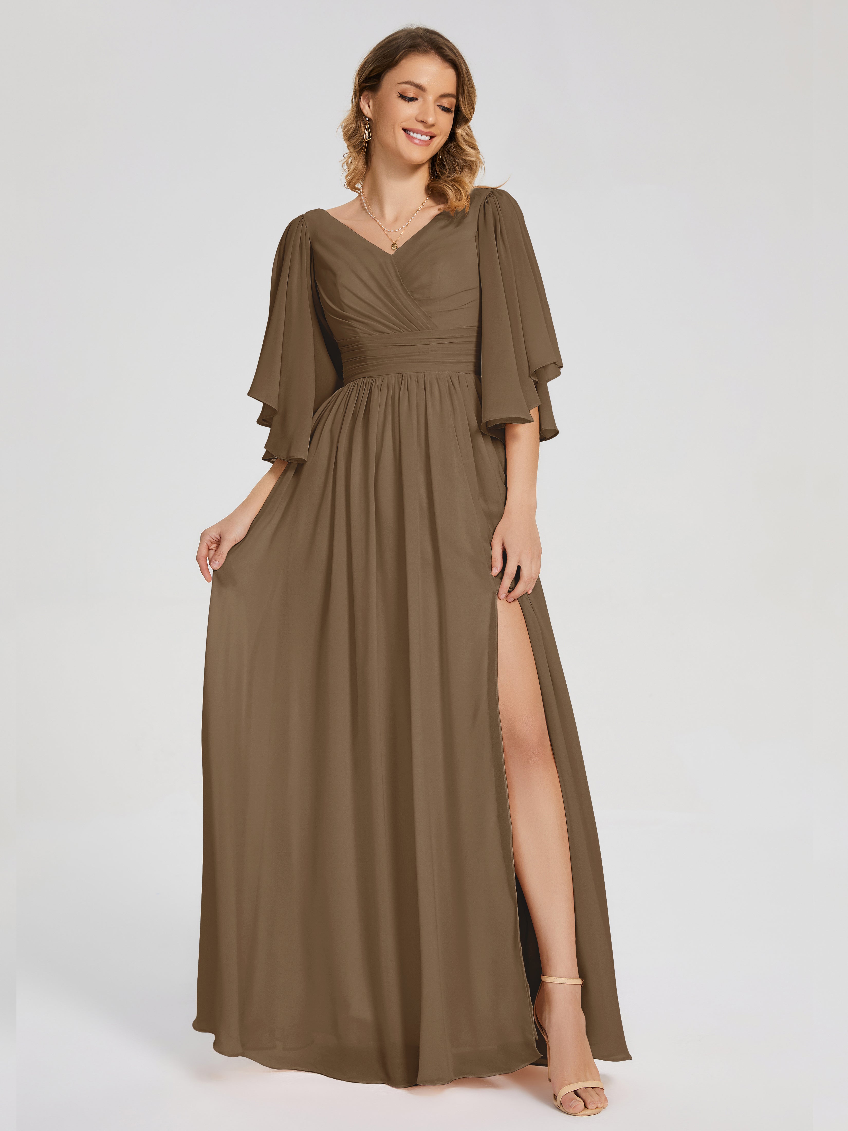 Robe De Demoiselle D'Honneur Moka Demi Manches Mousseline Robes Demoiselle D'Honneur À Lacet