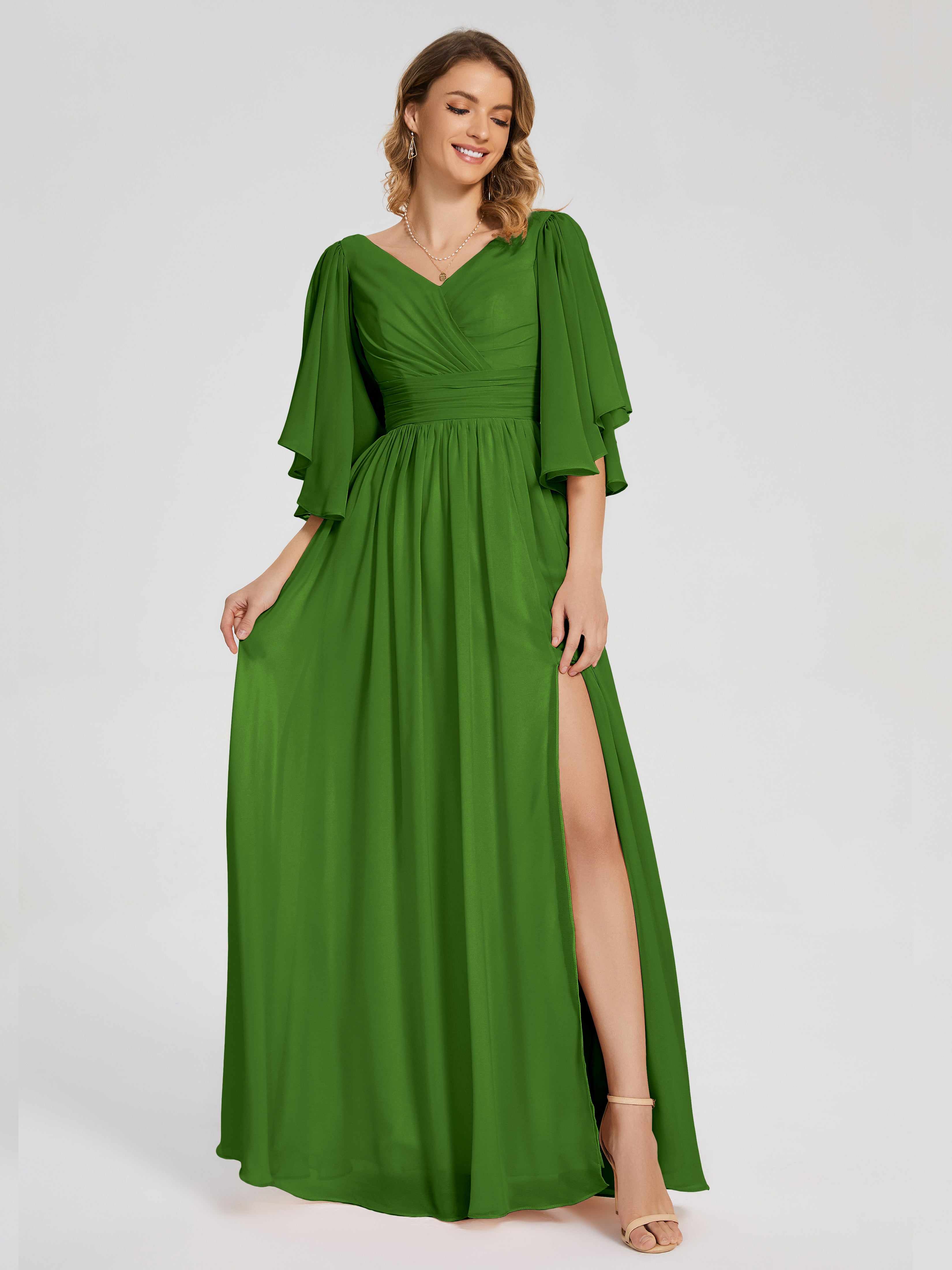 Robes De Demoiselle D'Honneur Vert Mousse Demi Manches Mousseline Robes Demoiselle D'Honneur À Lacet