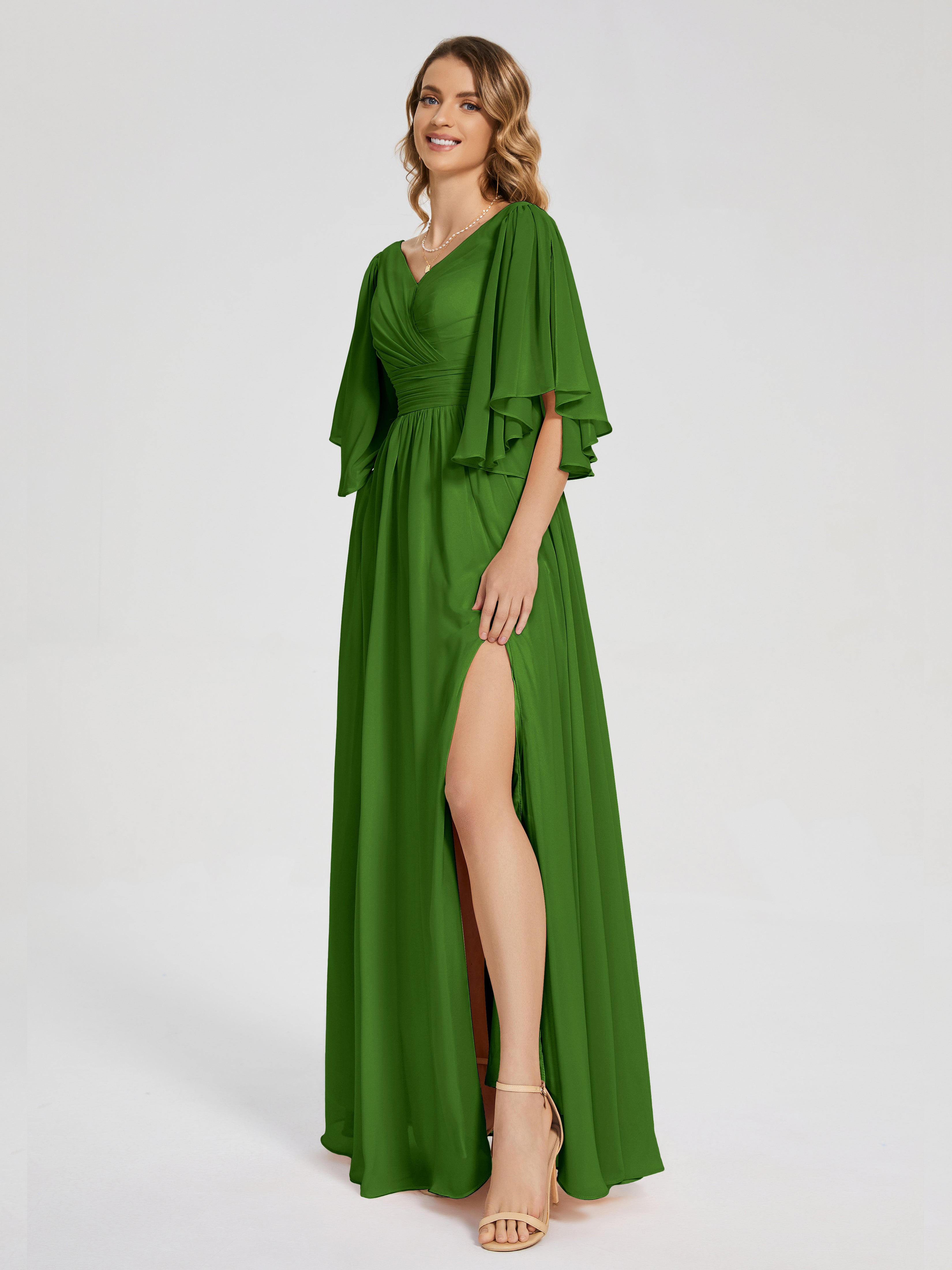 Robes De Demoiselle D'Honneur Vert Mousse Demi Manches Mousseline Robes Demoiselle D'Honneur À Lacet