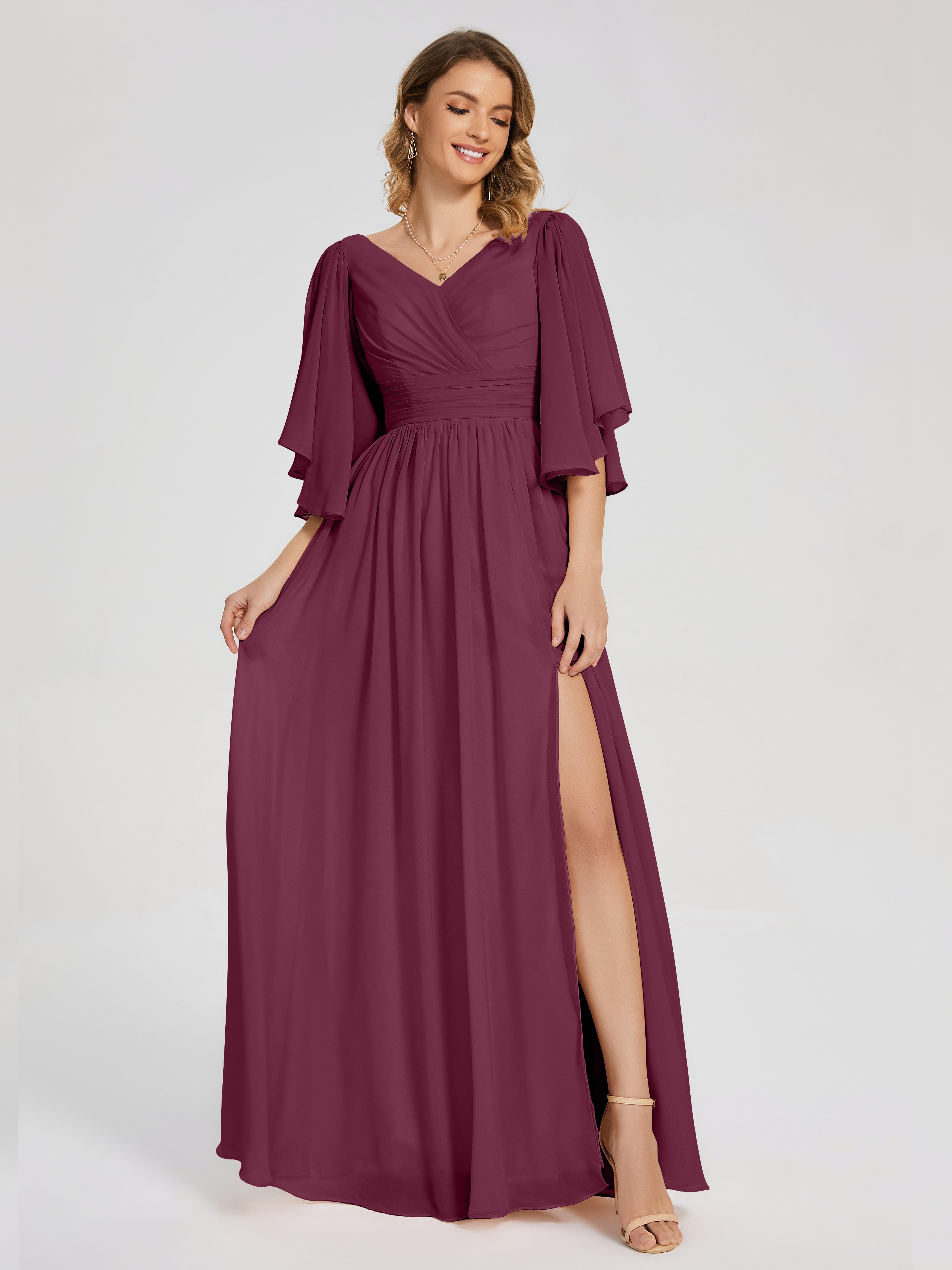 Robes De Demoiselle D'Honneur Mure Demi Manches Mousseline Robes Demoiselle D'Honneur À Lacet
