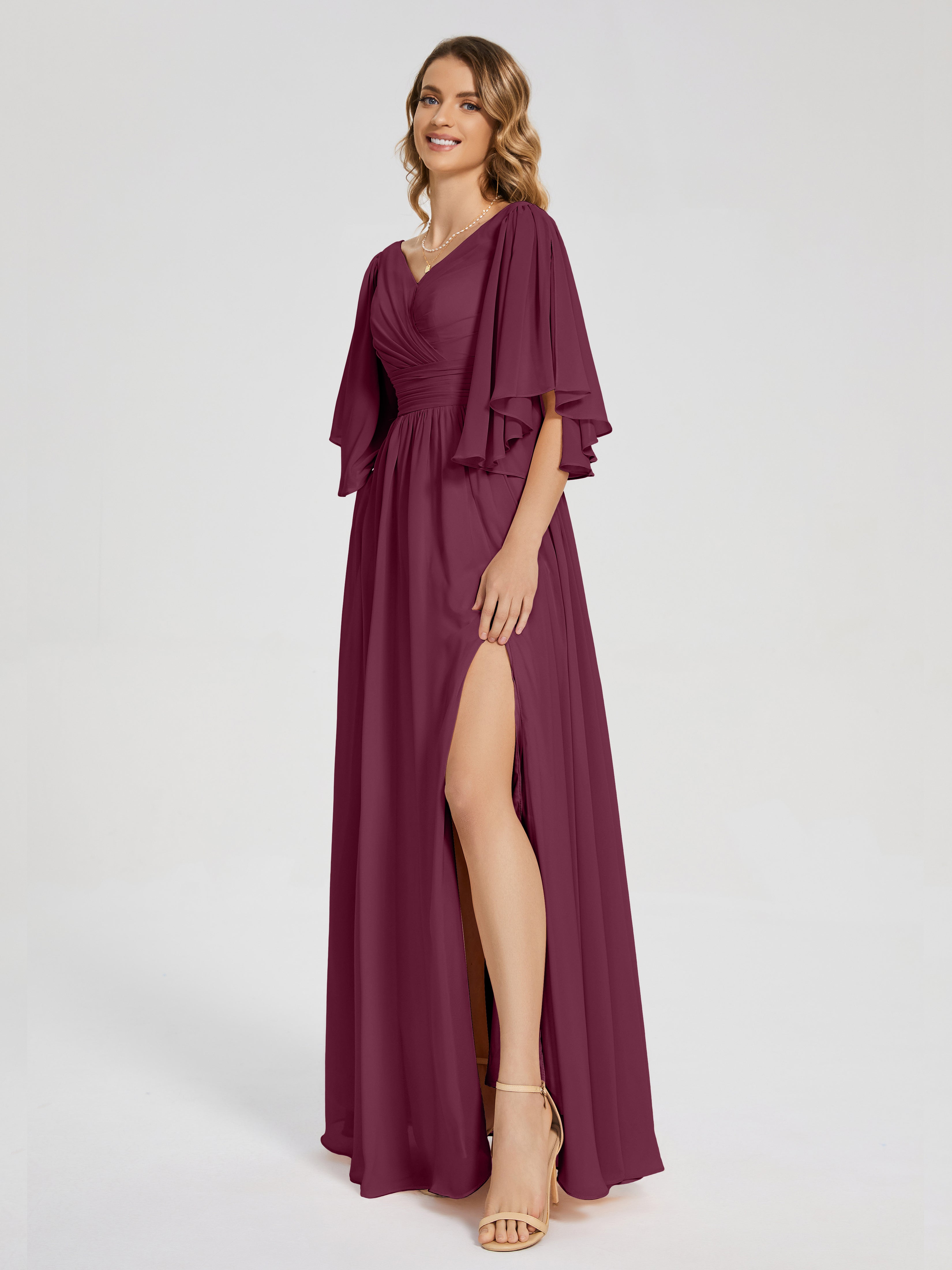 Robes De Demoiselle D'Honneur Mure Demi Manches Mousseline Robes Demoiselle D'Honneur À Lacet