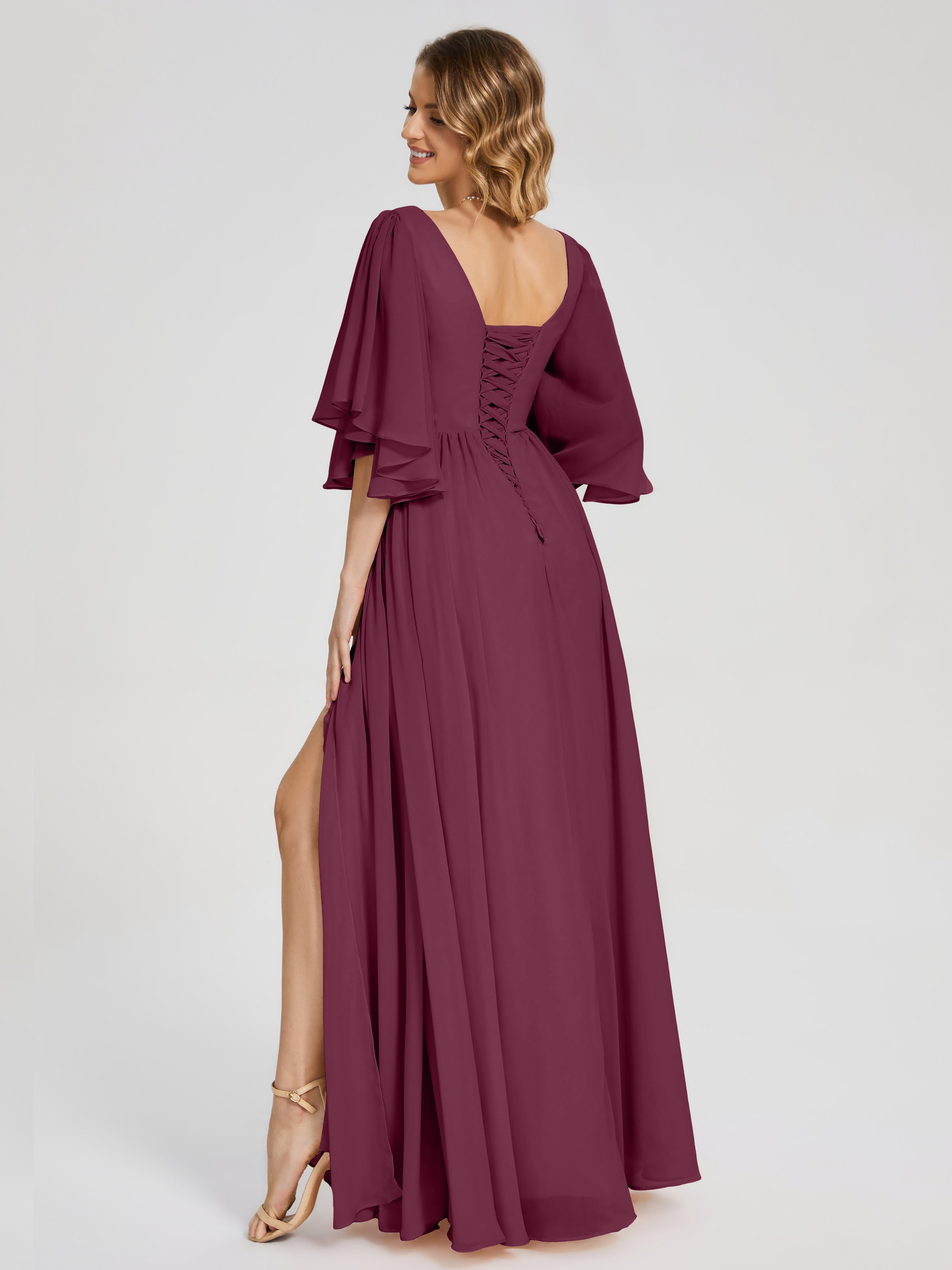 Robes De Demoiselle D'Honneur Mure Demi Manches Mousseline Robes Demoiselle D'Honneur À Lacet
