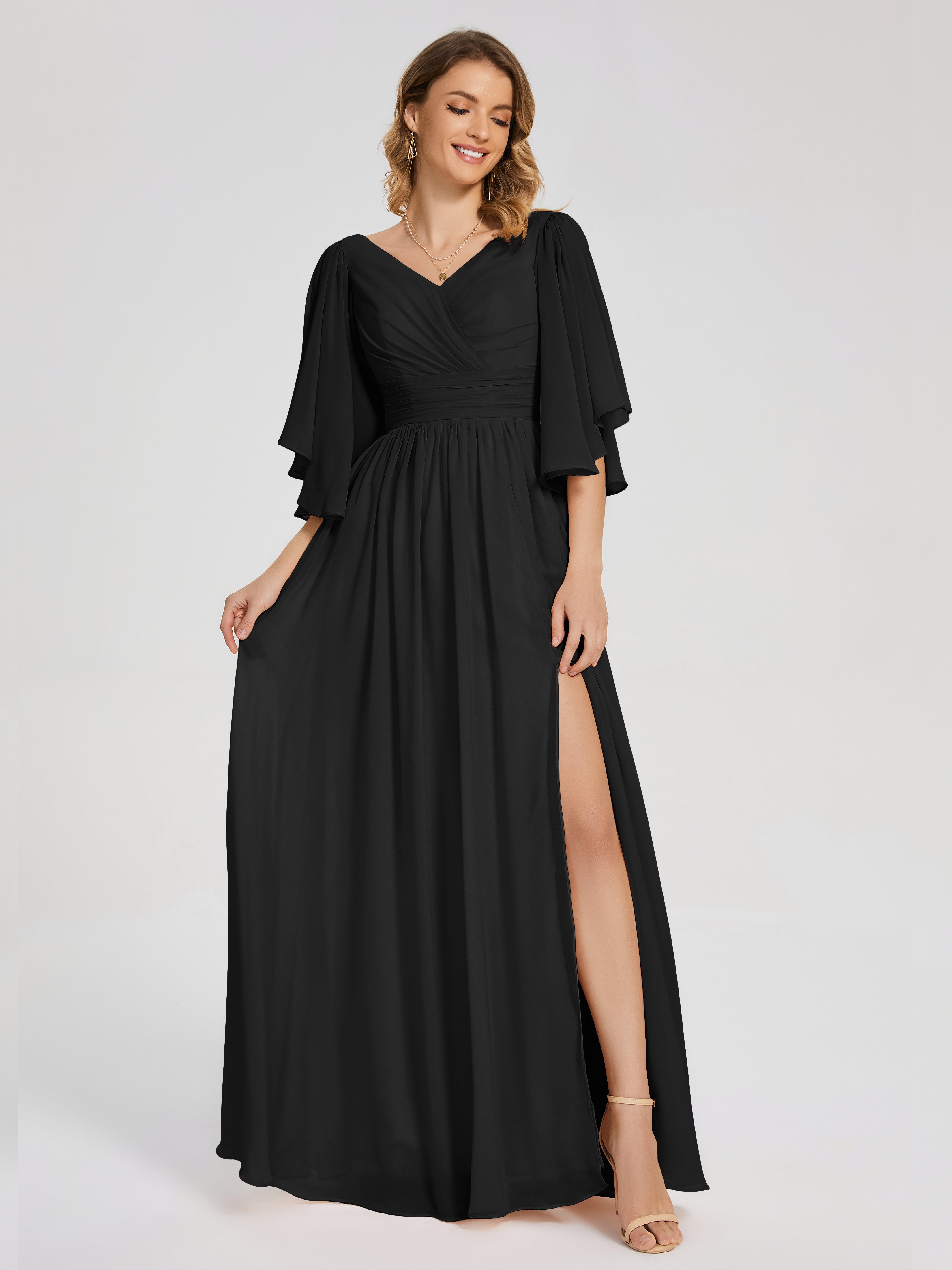 Longues Robes De Demoiselle D'Honneur Noires Demi Manches Mousseline Robes Demoiselle D'Honneur À Lacet