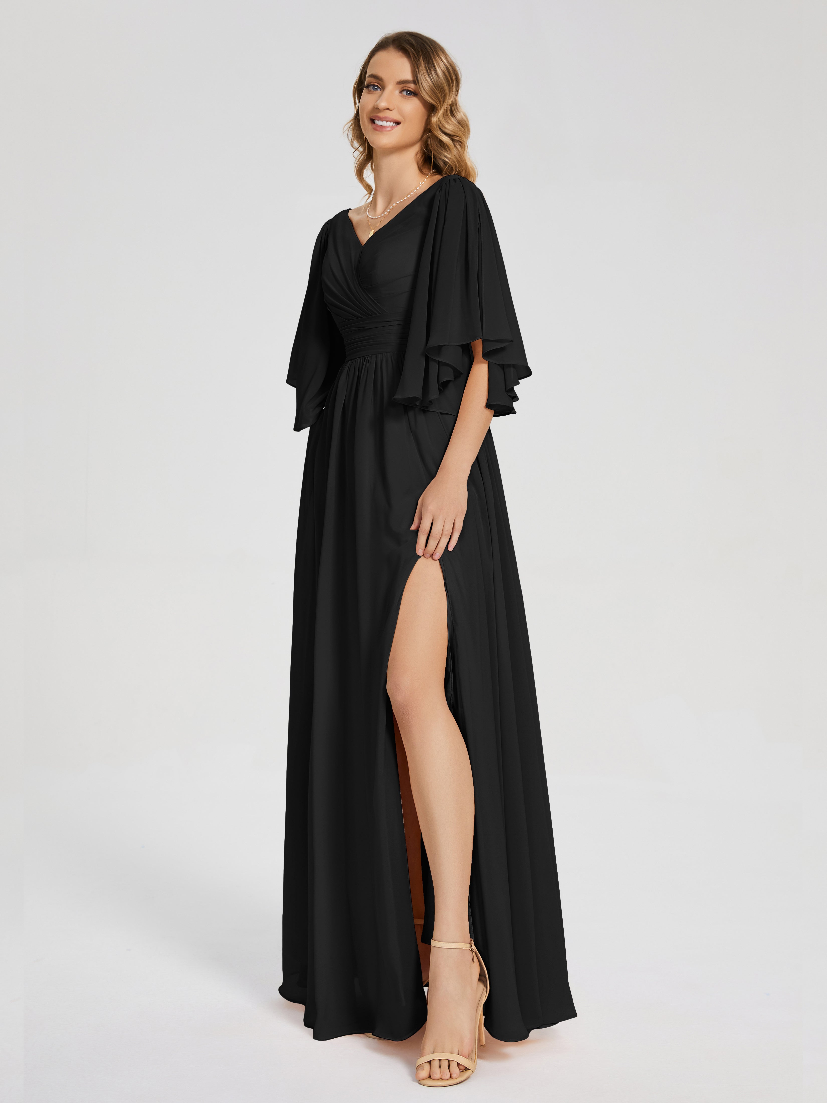 Longues Robes De Demoiselle D'Honneur Noires Demi Manches Mousseline Robes Demoiselle D'Honneur À Lacet
