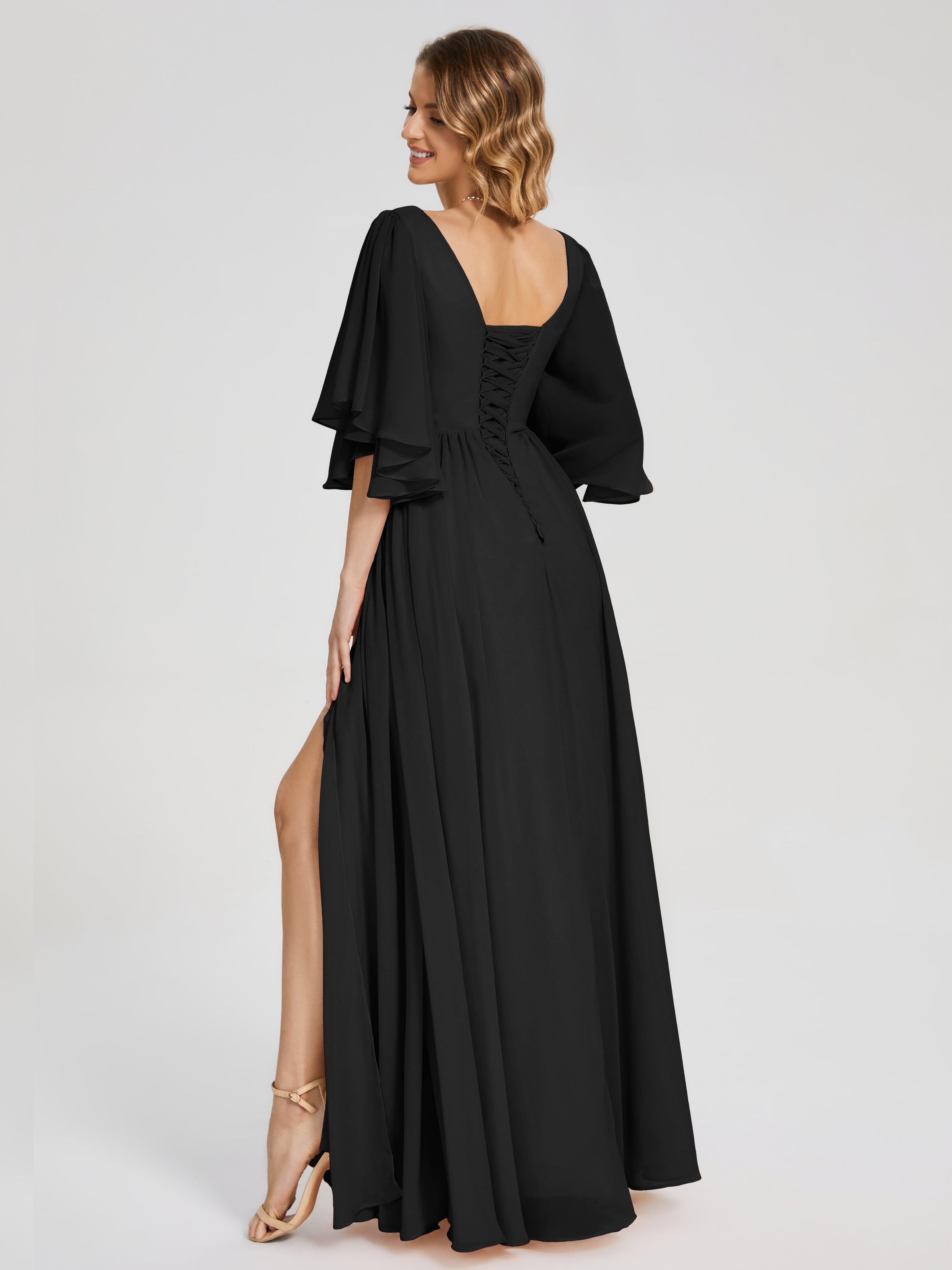 Longues Robes De Demoiselle D'Honneur Noires Demi Manches Mousseline Robes Demoiselle D'Honneur À Lacet
