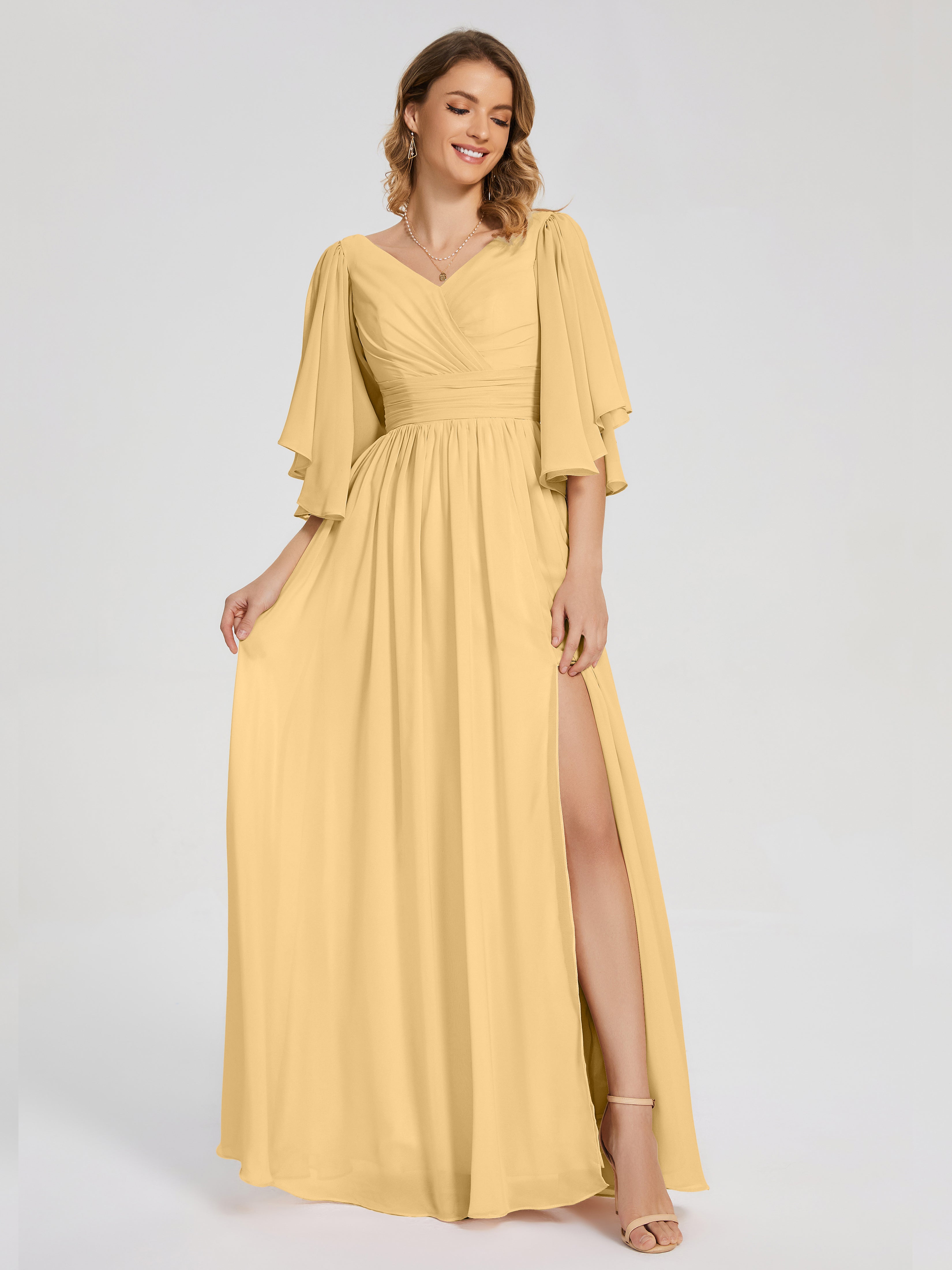 Robe De Demoiselle D Honneur Or Demi Manches Mousseline Robes Demoiselle D'Honneur À Lacet